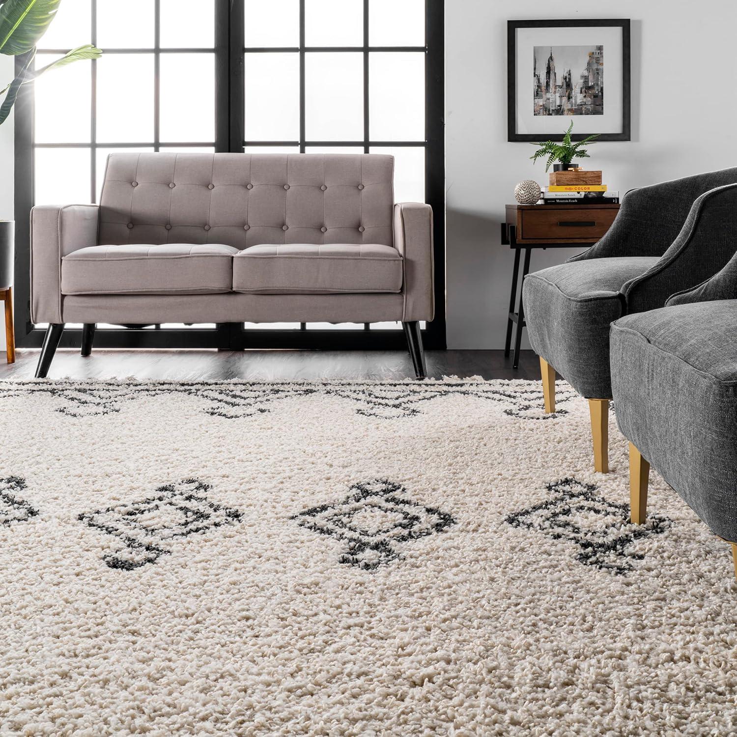 Off-White Synthetic Braided Shag Rug with Moroccan Tassels