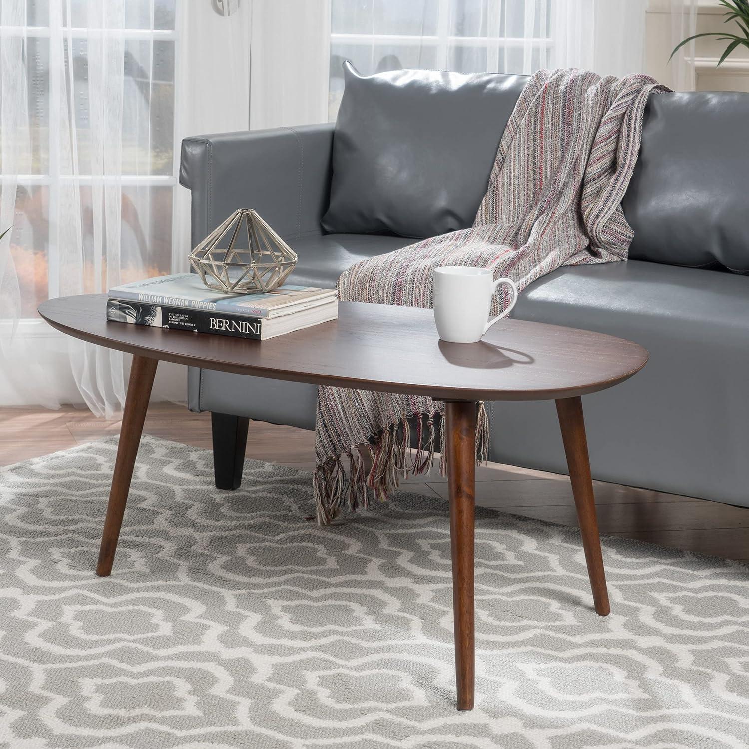 Mid-Century Modern Oval Walnut Wood Coffee Table, 48.5"