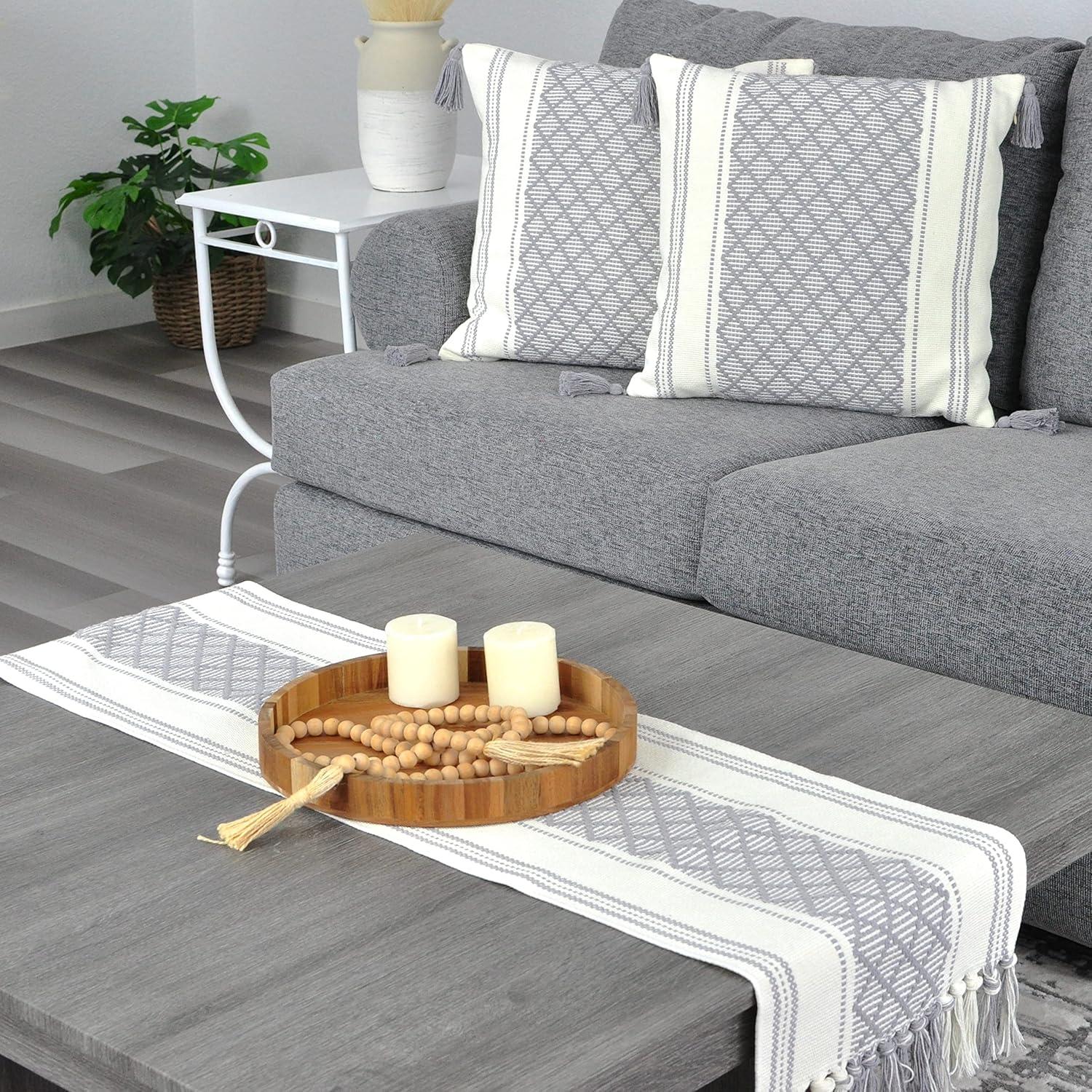 Gray and Cream Linen Table Runner with Tassels