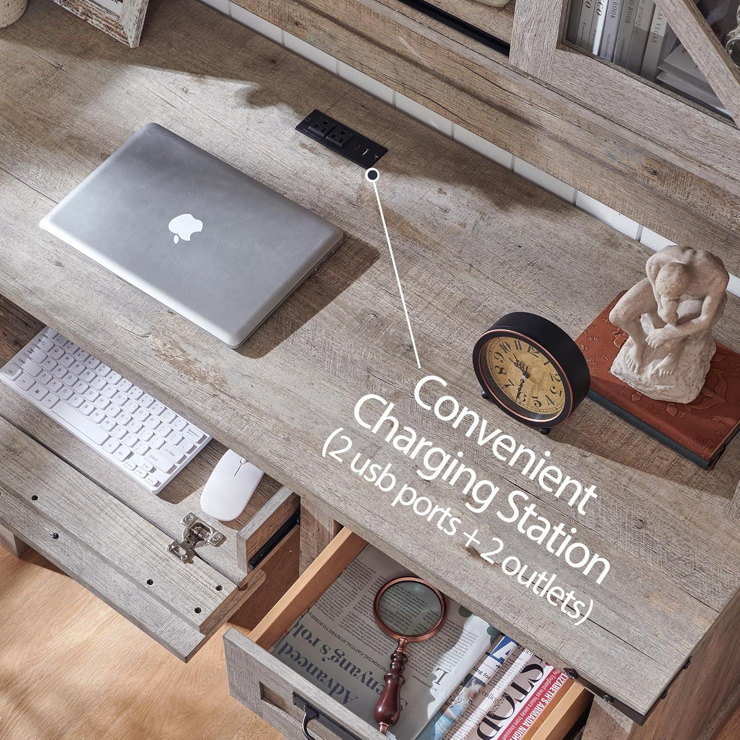 RedLemon 60" Farmhouse L Shaped Desk with Hutch, Wood Home Office Executive Desk with Drawer, Charging Station, File Drawer, Storage Cabinet, Rustic Writing Computer Desk (Antique White)