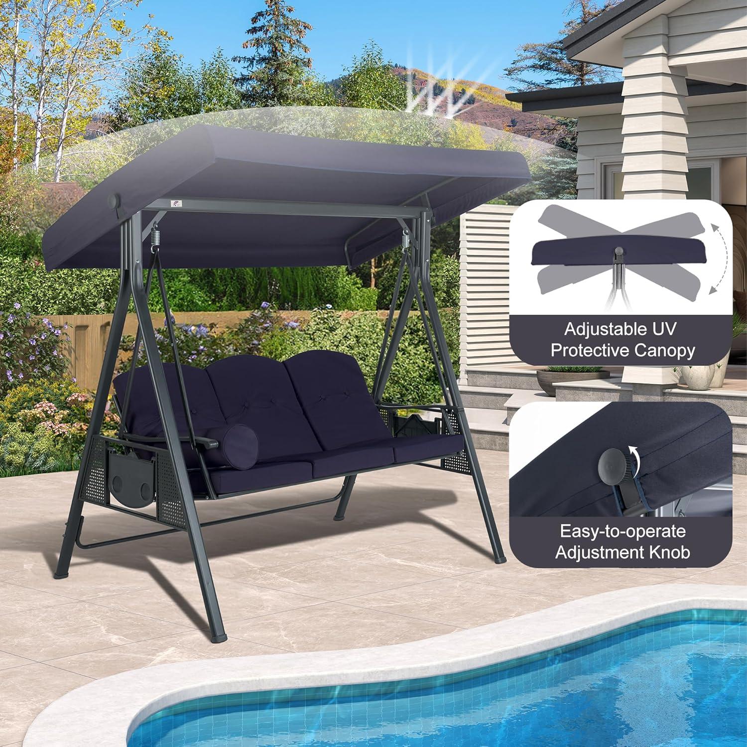 PURPLE LEAF 3 -person Gray Steel Outdoor Swing