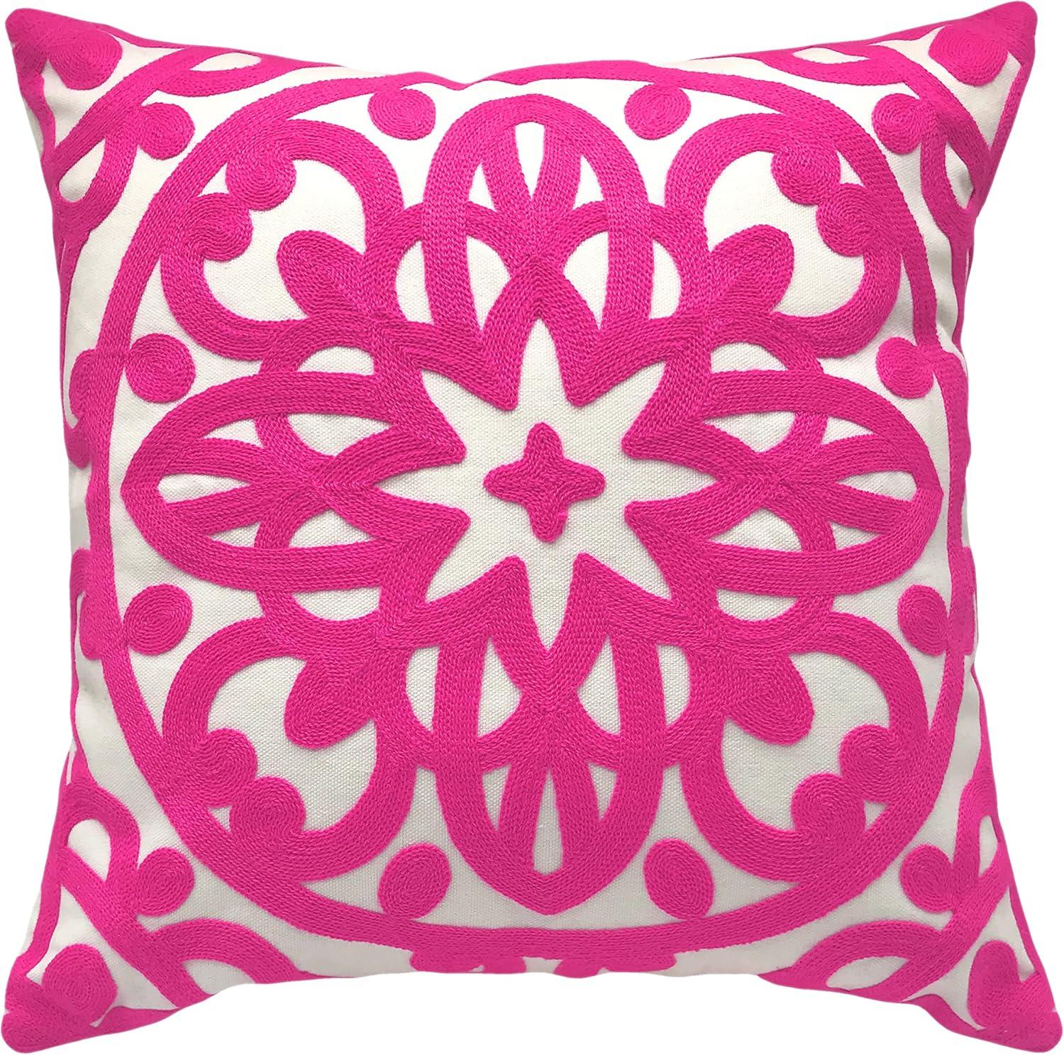 Bright Hot Pink Embroidered Cotton Euro Throw Pillow Cover