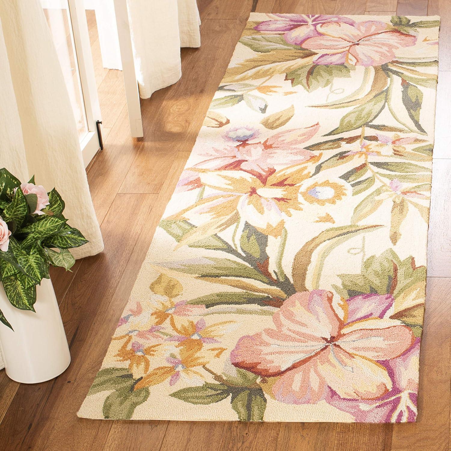 Ivory Floral Elegance 2'6" x 6' Handmade Wool Runner Rug