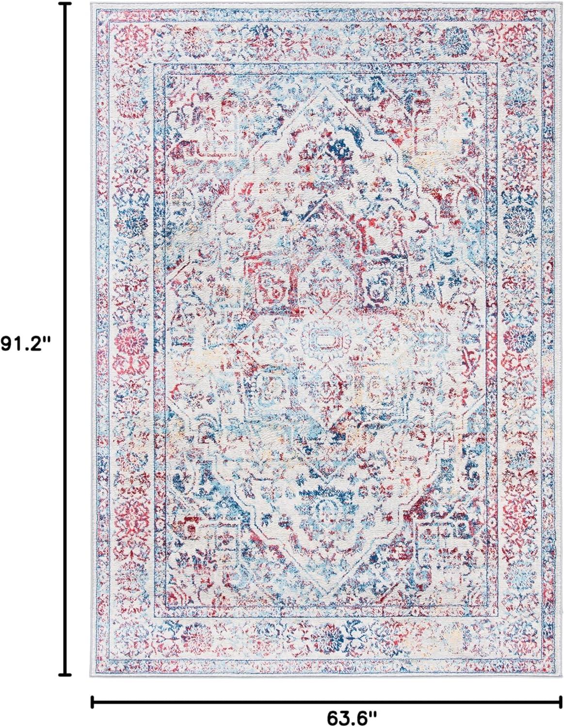 Ivory and Blue Rectangular Synthetic Stain-Resistant Area Rug