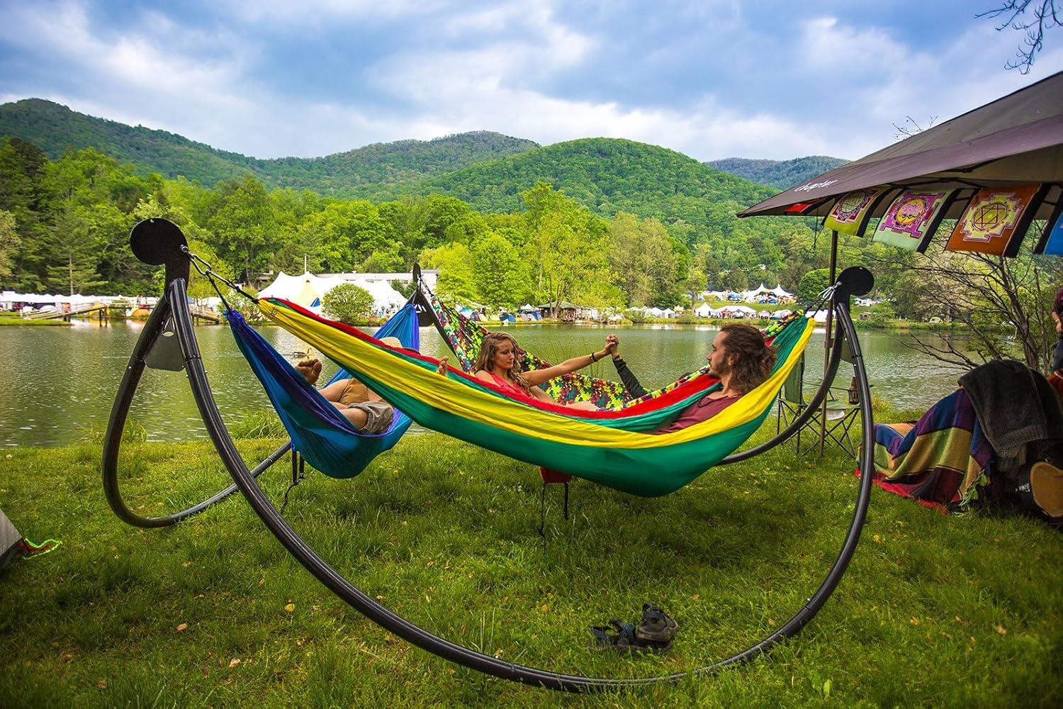 Charcoal Steel Triple Hammock Stand for Outdoor Relaxation