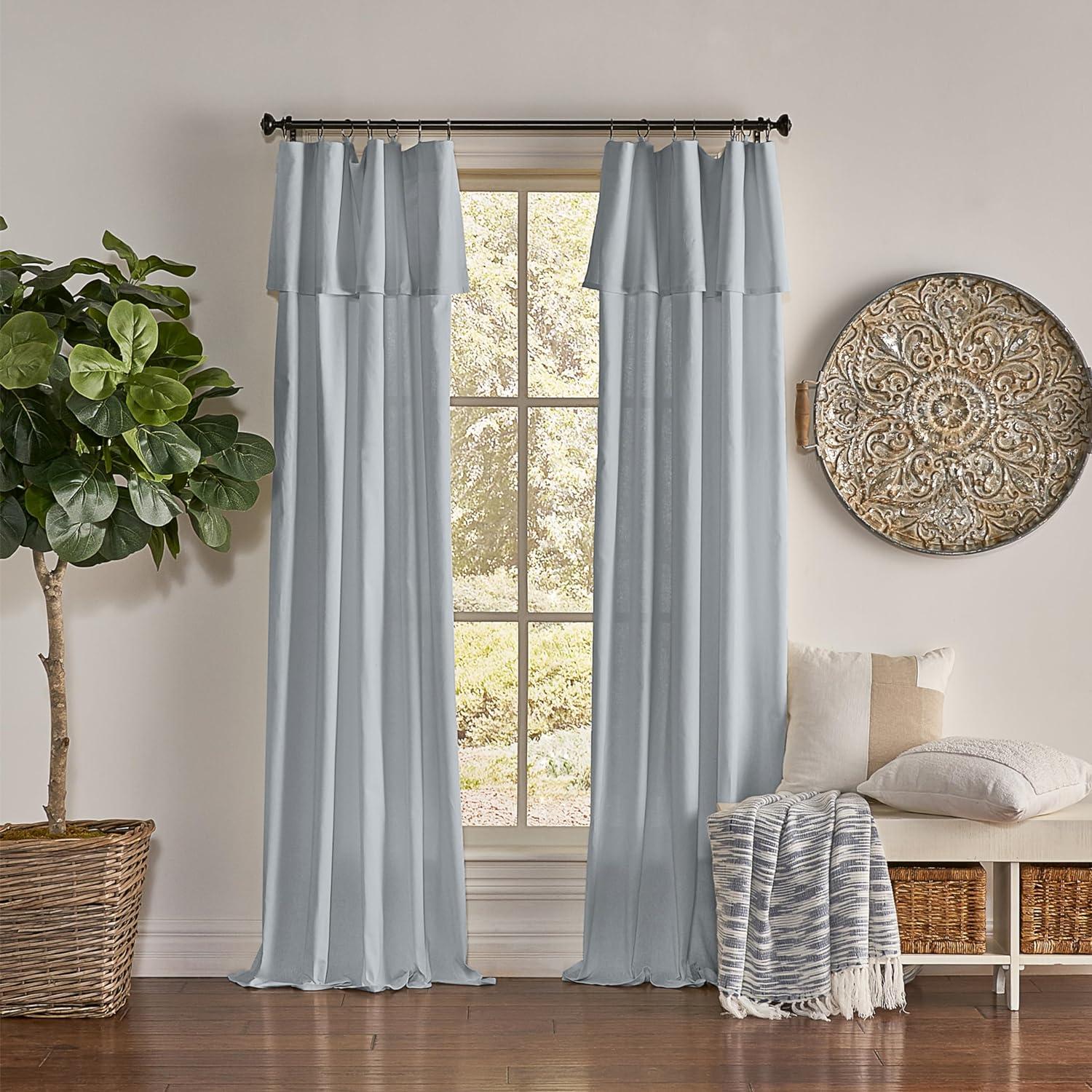 Mercantile Drop Cloth Light Filtering Ring Top Tab Farmhouse Curtain Panel with Valance Wave Blue 84 Inches