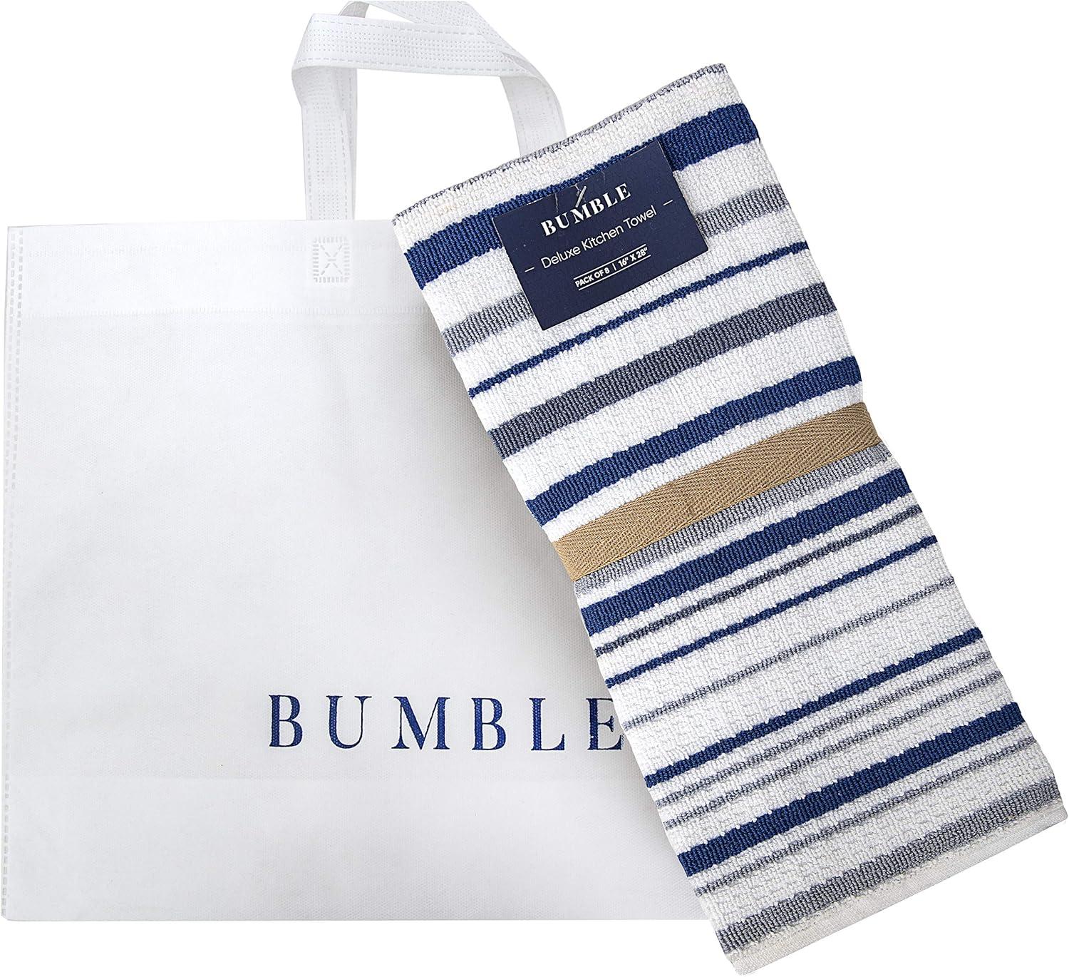 Bumble Towels Premium Kitchen Towels (16”x 28”, 8 Piece) Cotton Kitchen Hand Towels Striped 420 GSM Blue