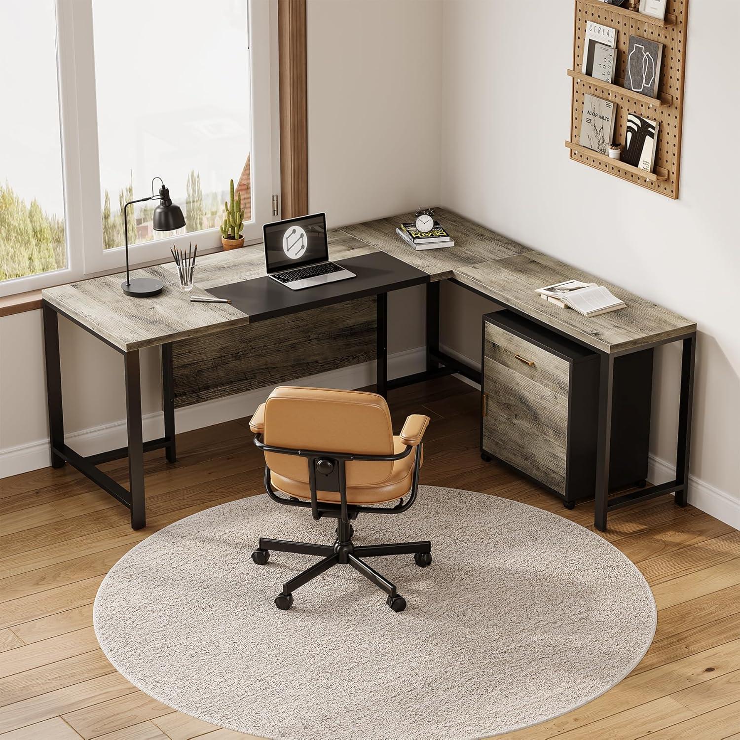 Tribesigns 70.8" Executive Desk with 55" File Cabinet, Industrial L Shaped Computer Desk, Large Executive Desk for Home Office, Walnut & White