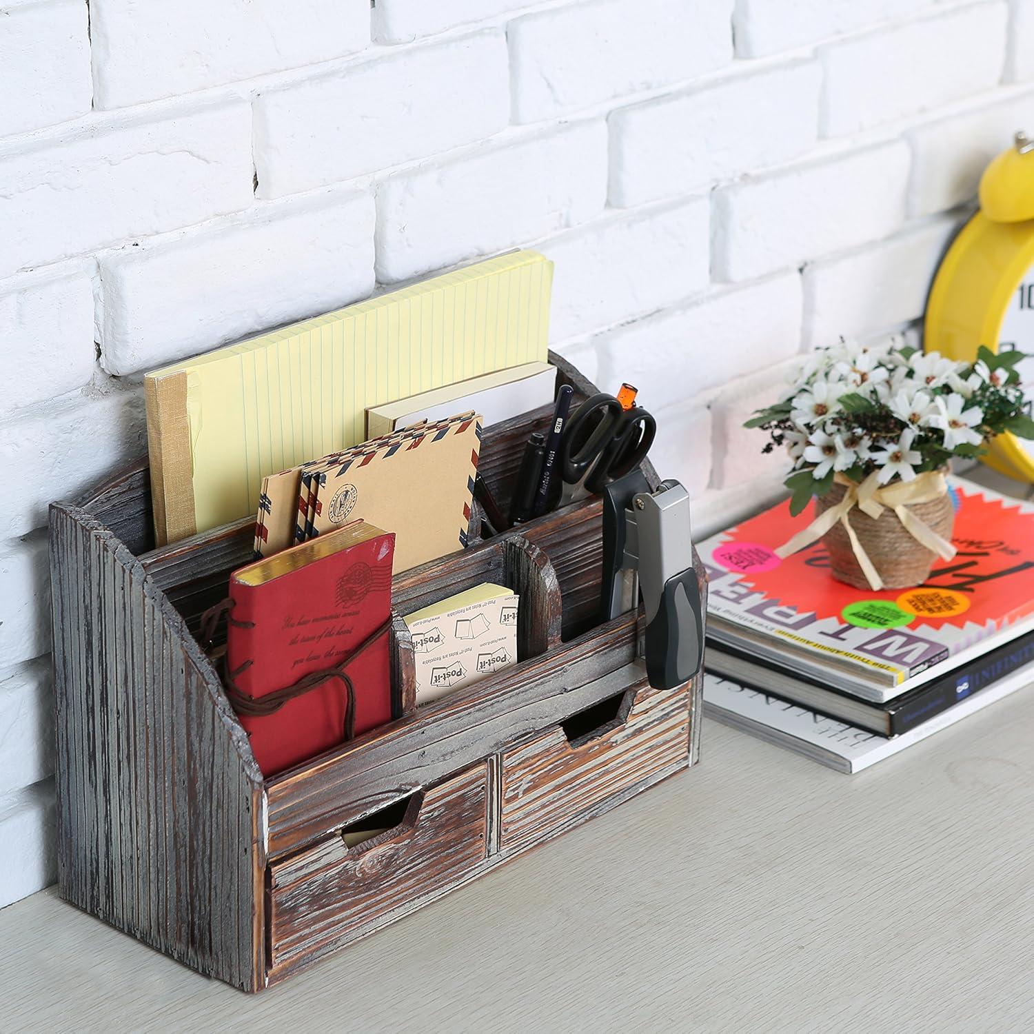 MyGift 6-Compartment Distressed Torched Wood Desk Organizer Supplies Rack