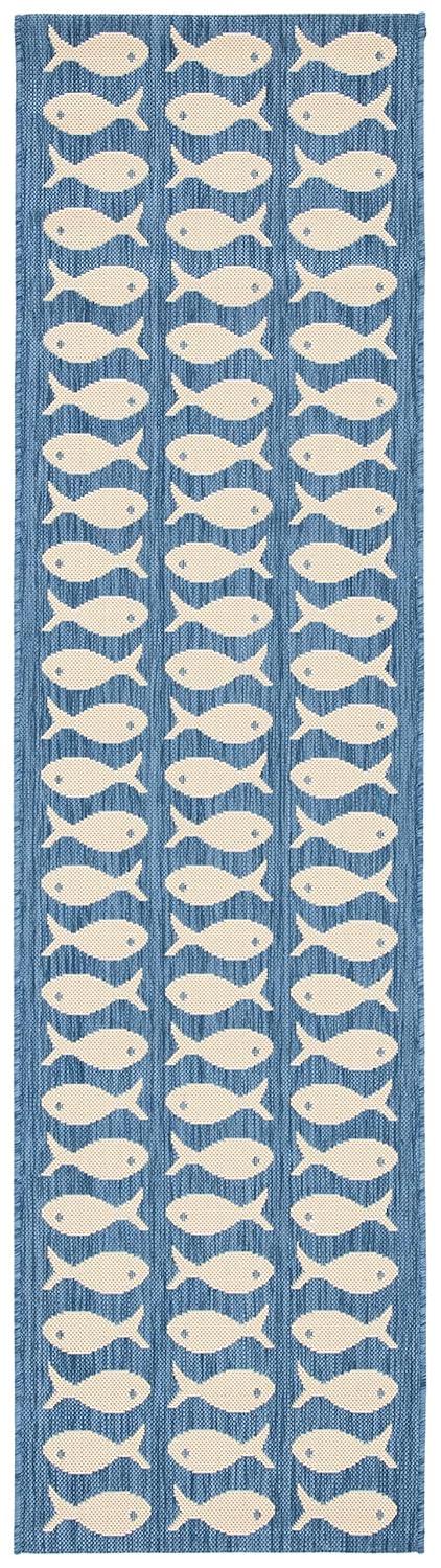 SAFAVIEH Courtyard Collection Runner Rug - 2'3" x 14', Blue & Beige, Tropical Coastal Fish Design, Non-Shedding & Easy Care, Indoor/Outdoor & Washable-Ideal for Patio, Backyard, Mudroom (CY6013-233)