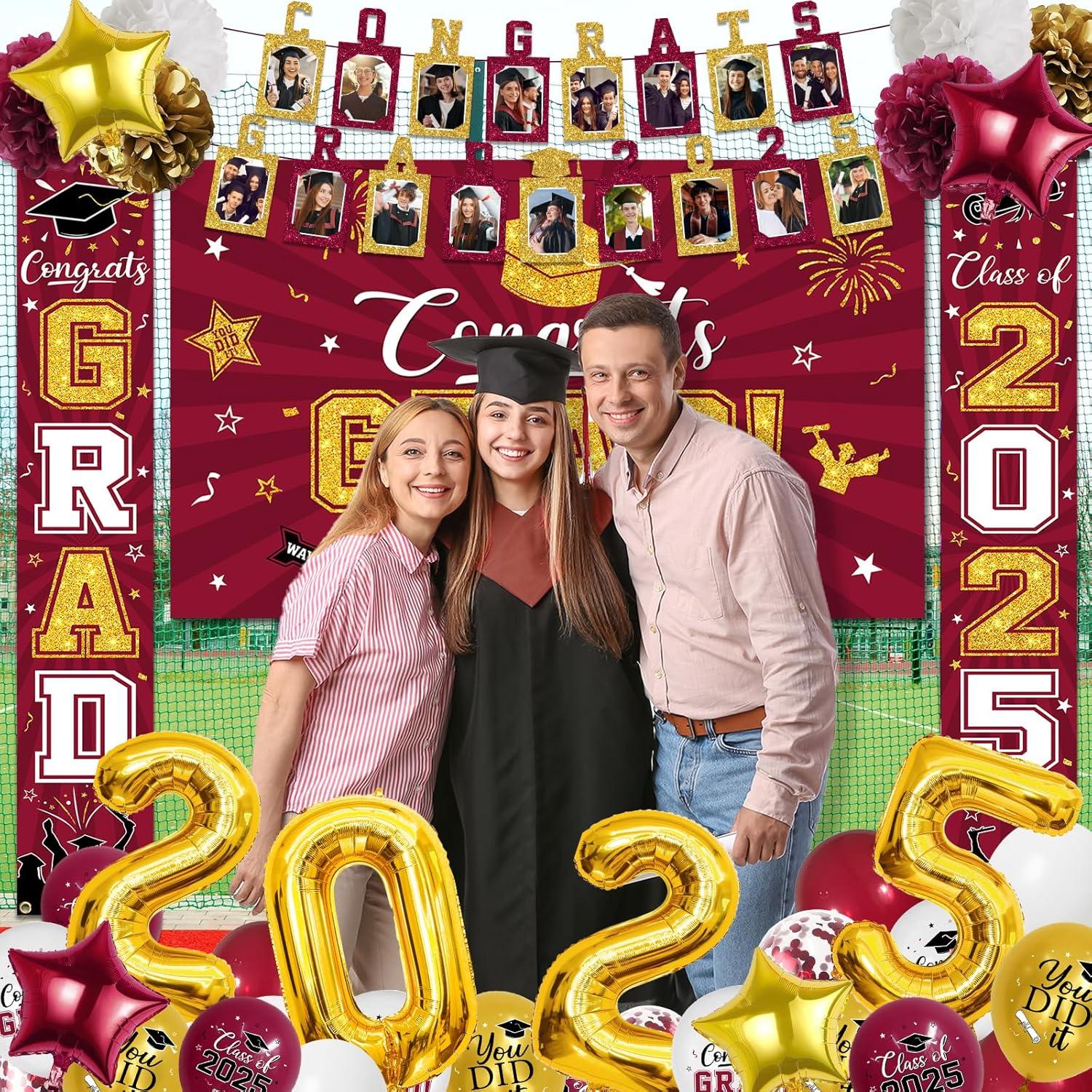 2025 Graduation Party Decoration, Red Gold Themed Set with Congrats Grad Banner, Balloons, Foil Number 2025 for Class of 2025 Graduation Party Supplies
