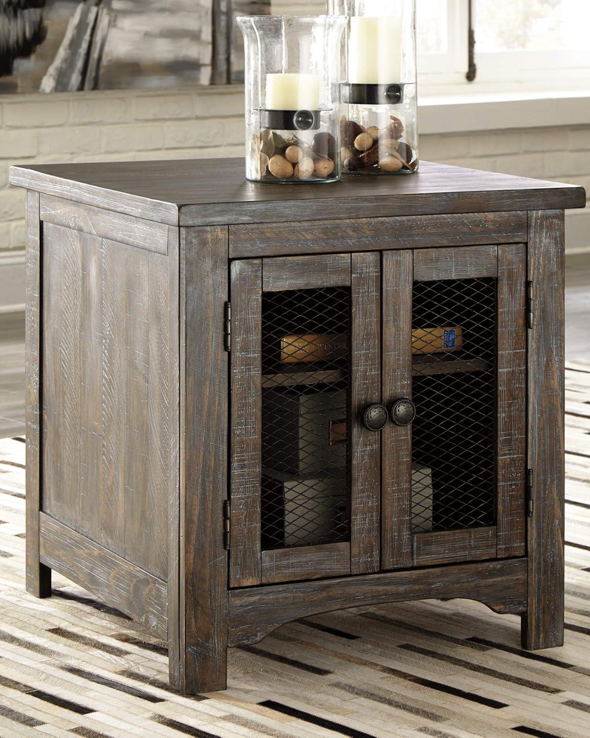 Danell Ridge Rectangular End Table Brown - Signature Design by Ashley: Farmhouse Mesh Cabinet Storage