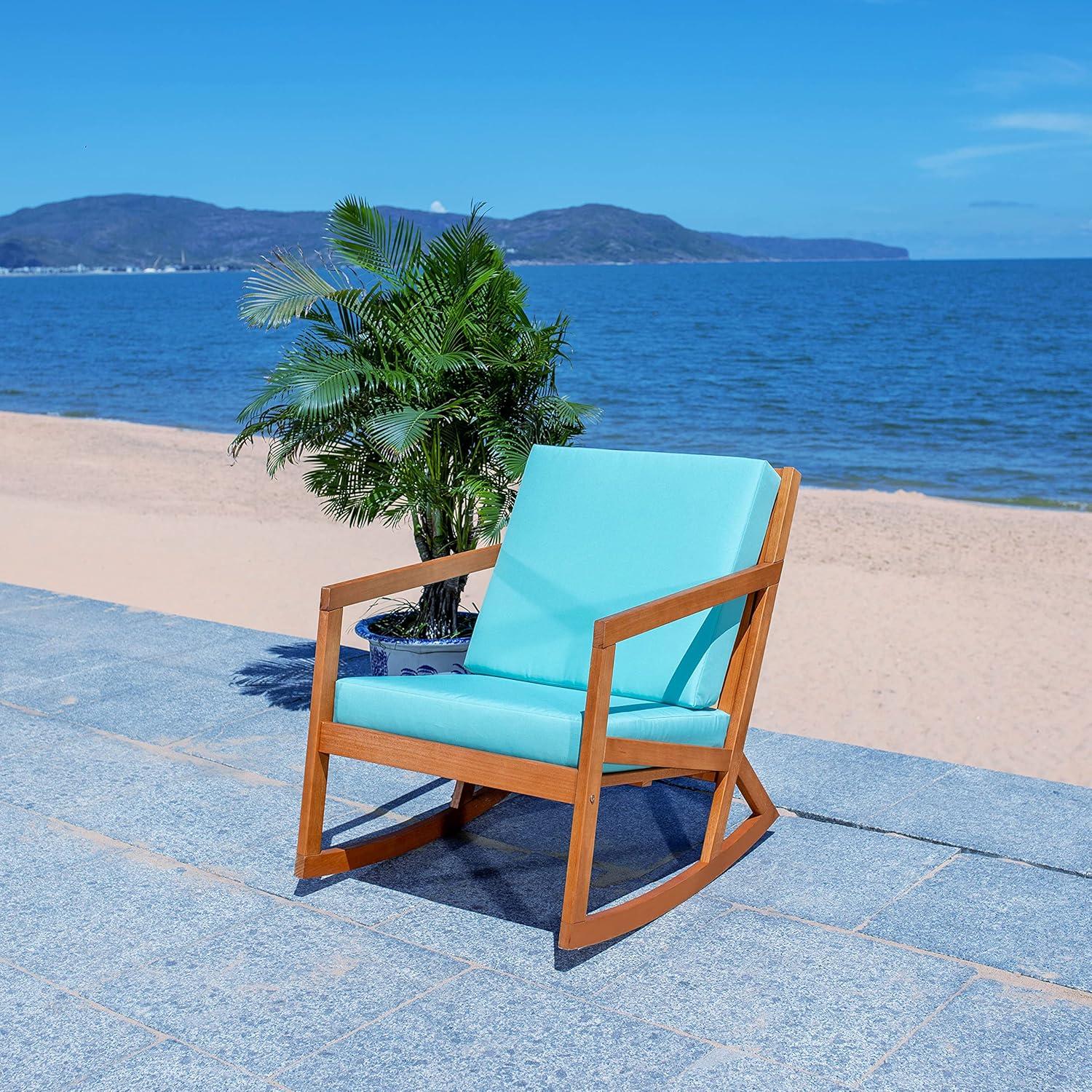 Elegant Eucalyptus Wood Outdoor Rocking Chair with Aqua Cushions