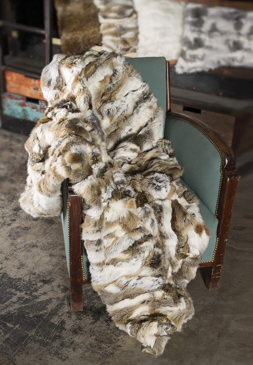Natural Thick and Lush Pile Soft Microsuede Backing Genuine Rabbit Fur Throw Blanket, Tan, 50 in x 60 in