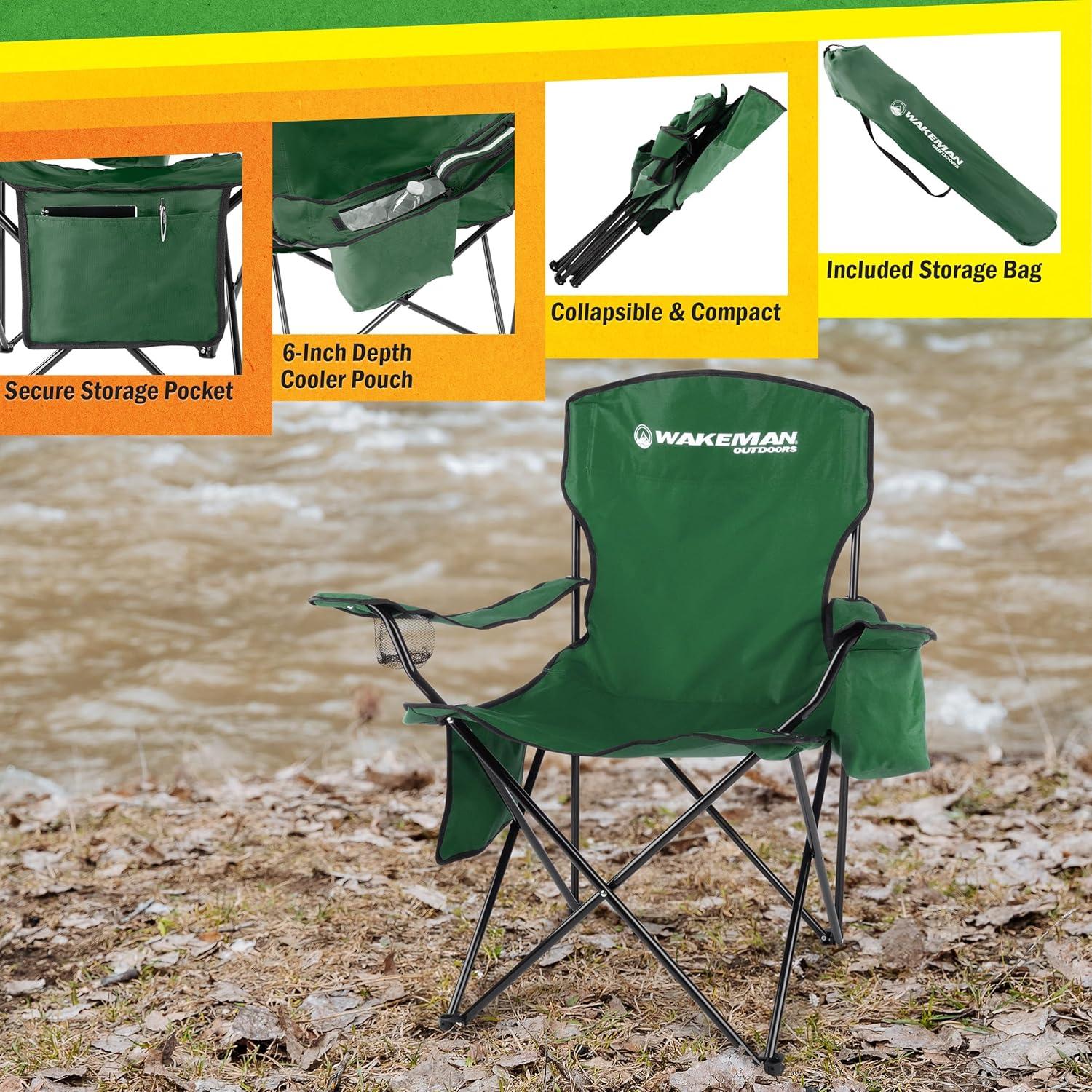 Wakeman Oversized Camping Chair with Cupholder and Cooler- Folding Chair with 300lb Capacity, Green