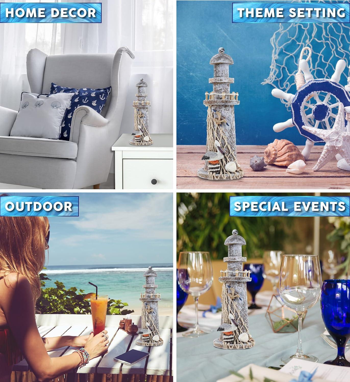 CoTa Global Brown Wooden Lighthouse Decor - Handmade and Crafted Wooden Lighthouse Decoration with Pelican and Fishing Net, Beach Style Tabletop Home Decor - Handmade Color May Vary - 8.75 Inches