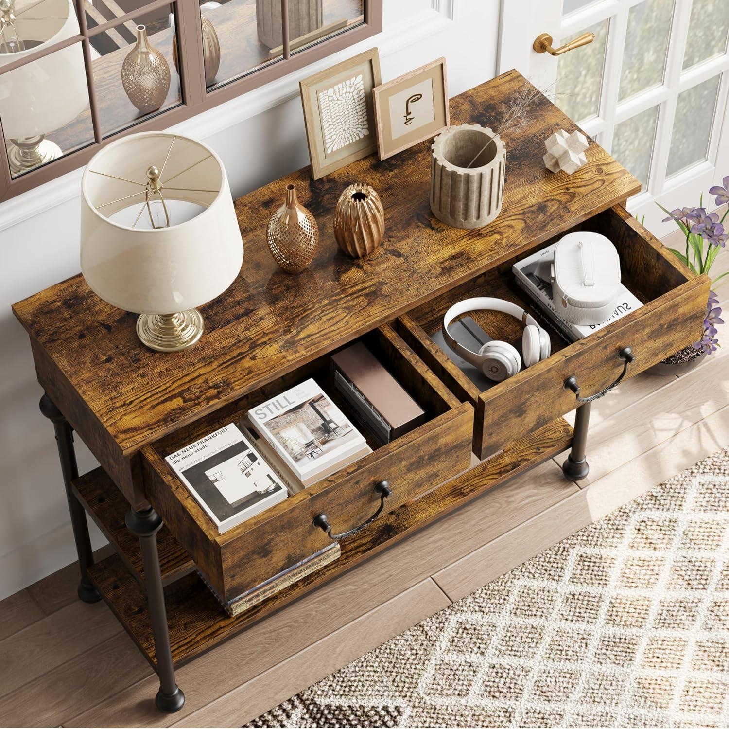 Rustic Brown Wood and Metal Console Table with Storage Shelves