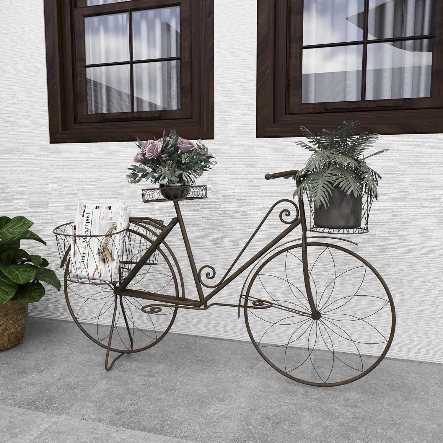 DecMode Vintage Turquoise/Red 3 Tier Bicycle Inspired Metal Plantstand, 54"W x 32"H