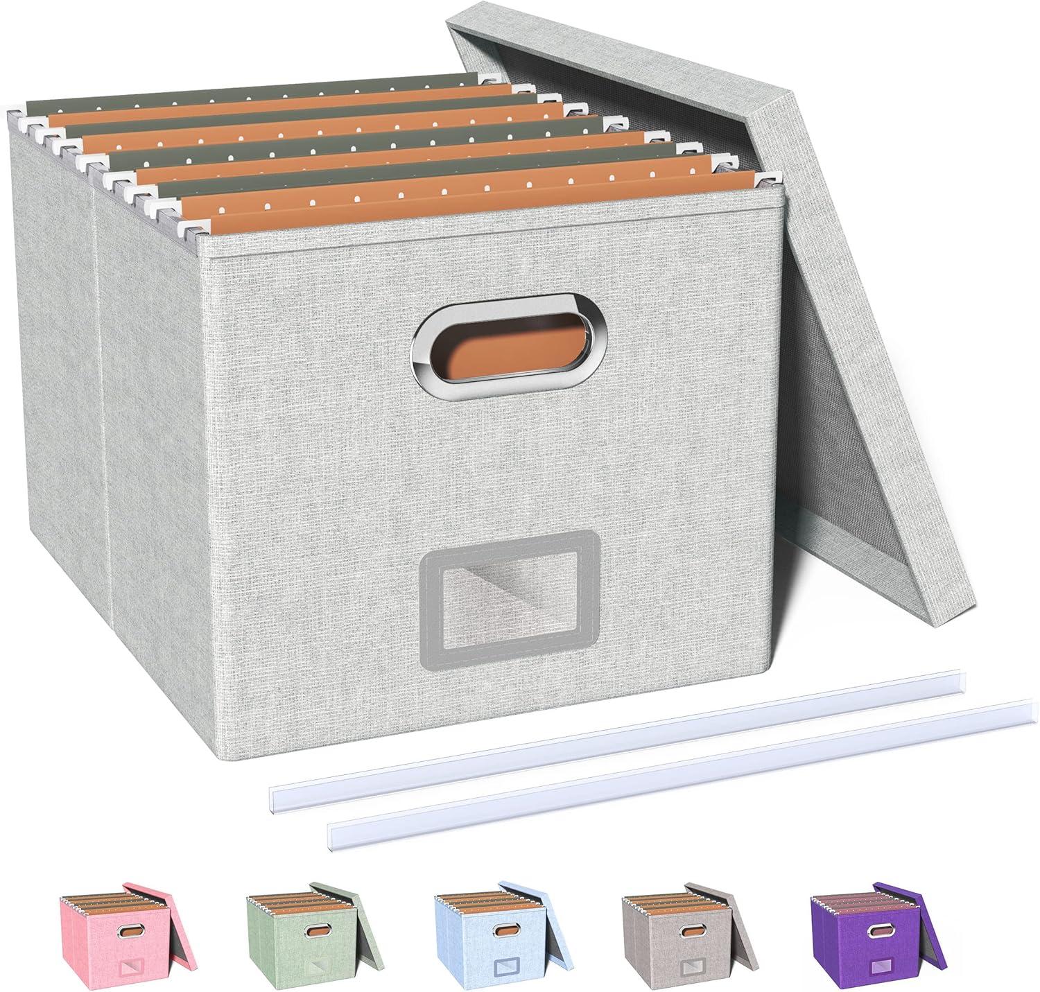 Oterri File Organizer Box,Filing Box with Lid,File Box for Letter/Legal File Folder Storage, Portable Hanging File Box for Office/Decor/Home,1 Pack,Gray-white,Box only