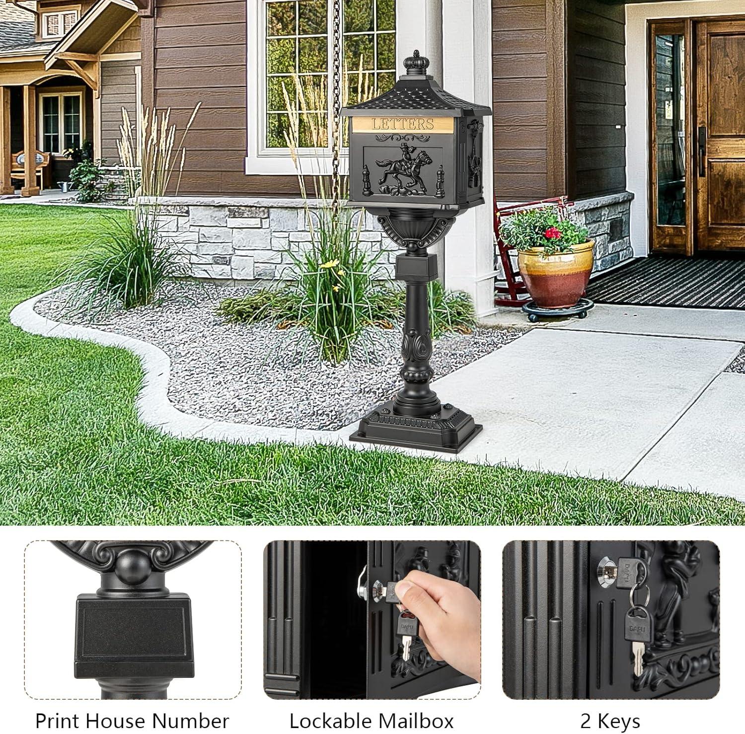 Black Cast Aluminum Lockable Retro Mailbox with Post