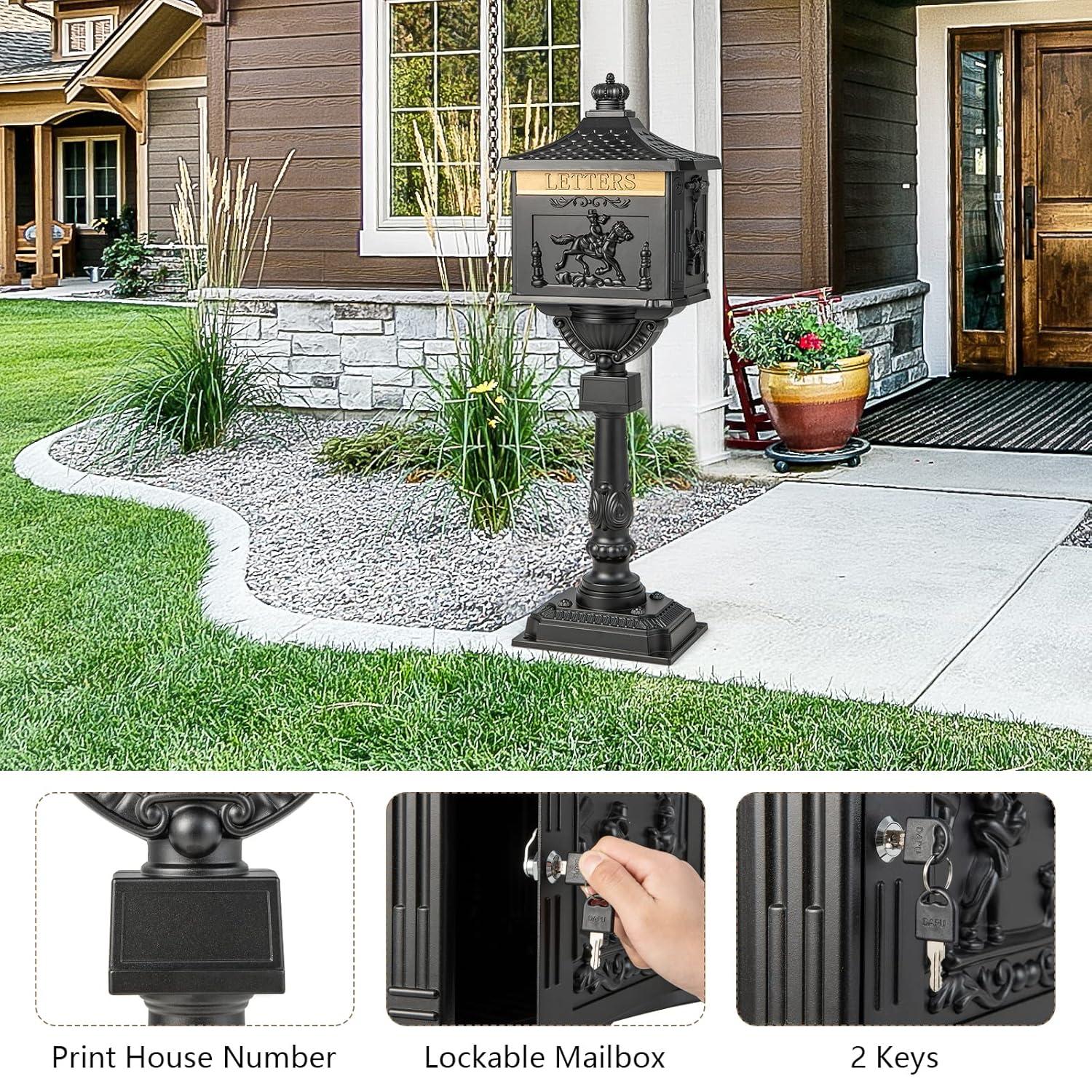 Black Cast Aluminum Lockable Retro Mailbox with Post