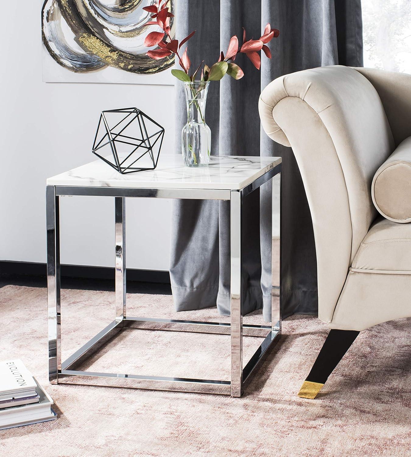 Bethany 20" White Marble and Chrome Square End Table