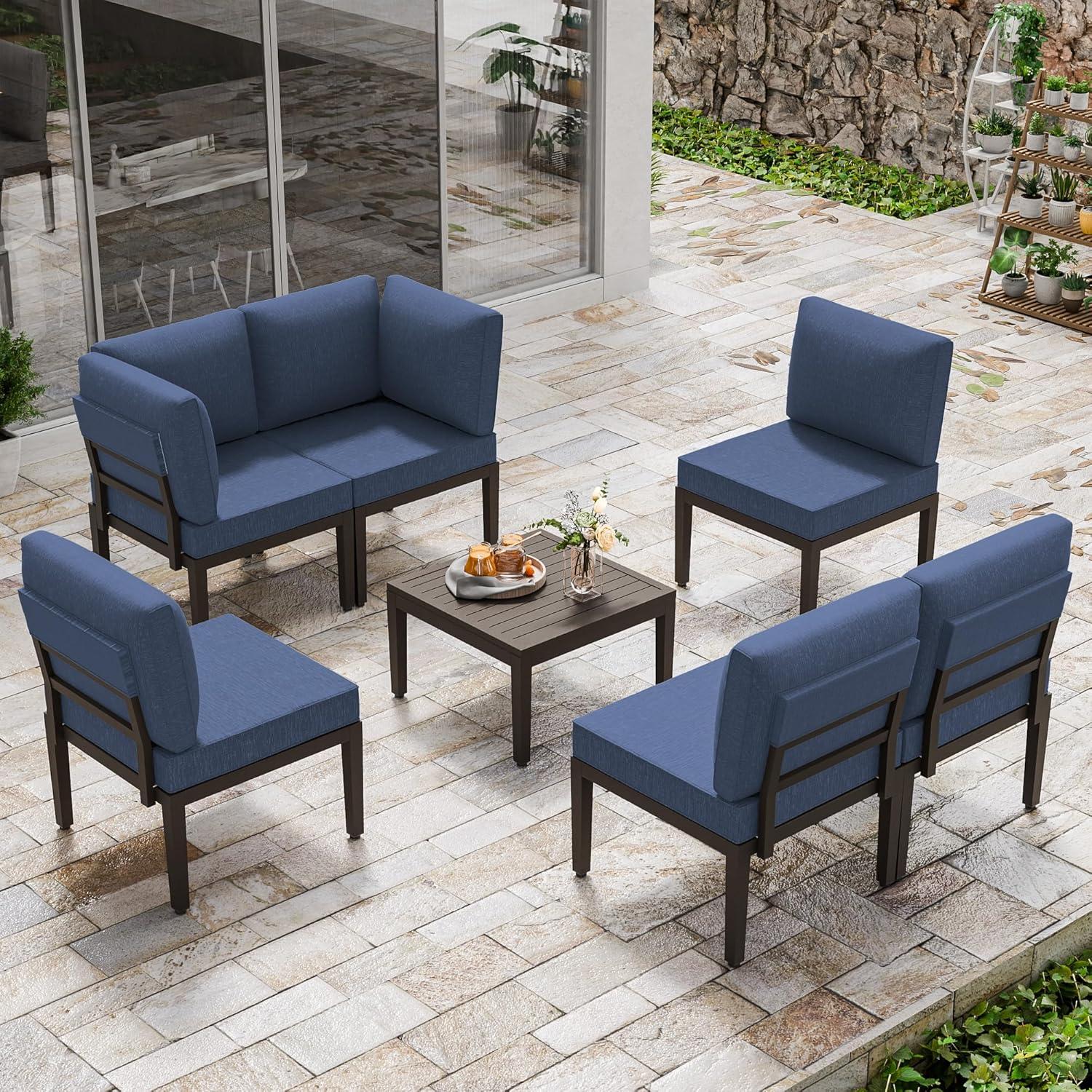 Navy Blue 7-Piece Metal Outdoor Sectional Sofa Set with Cushions