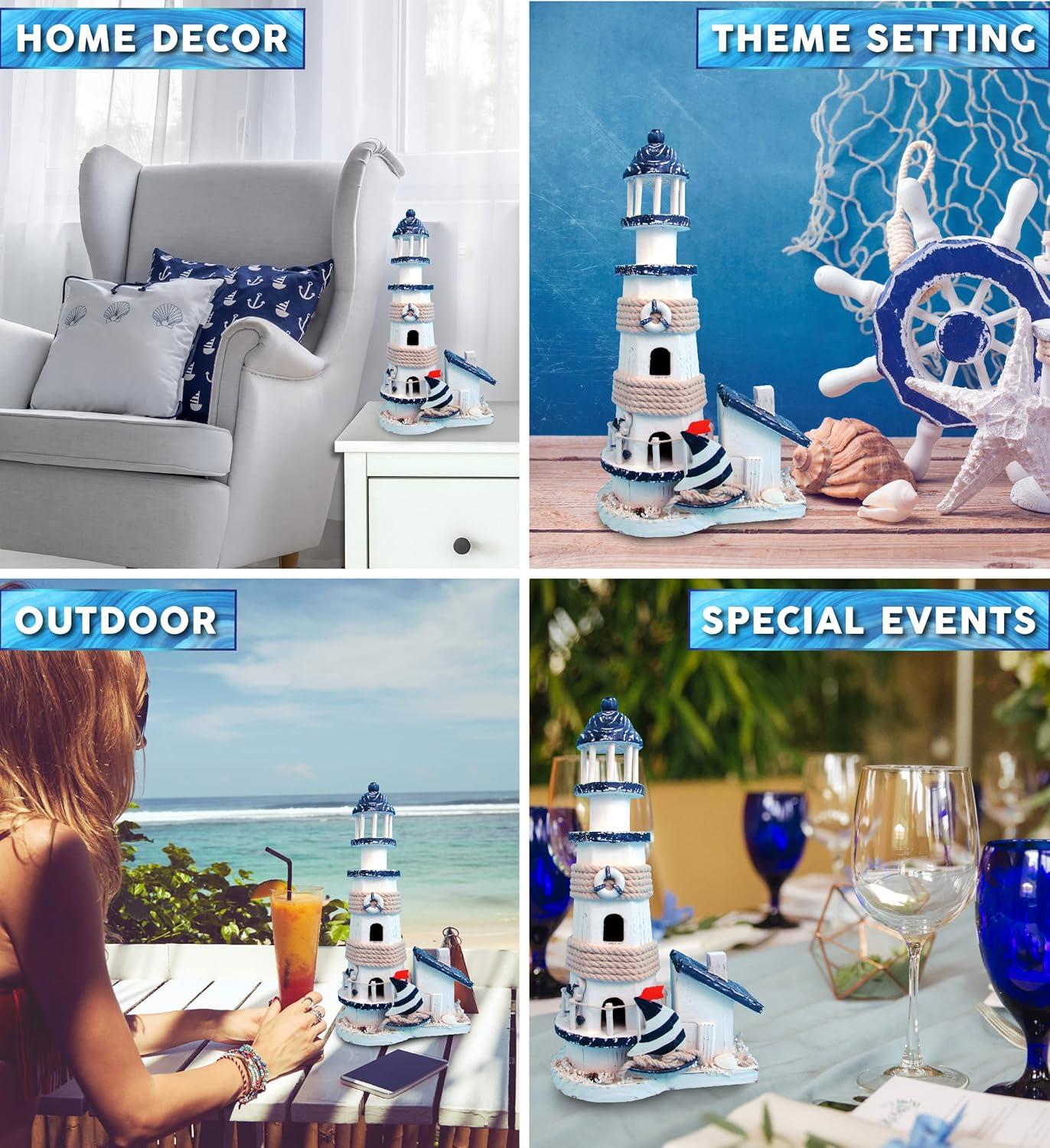 CoTa Global Ocean Blue Lighthouse Decor - Handmade and Crafted Wooden Lighthouse Decoration with Sailboat Figure Decorative Beach Style Tabletop Centerpiece, Nautical Themed Home Decor – 13.5 Inch