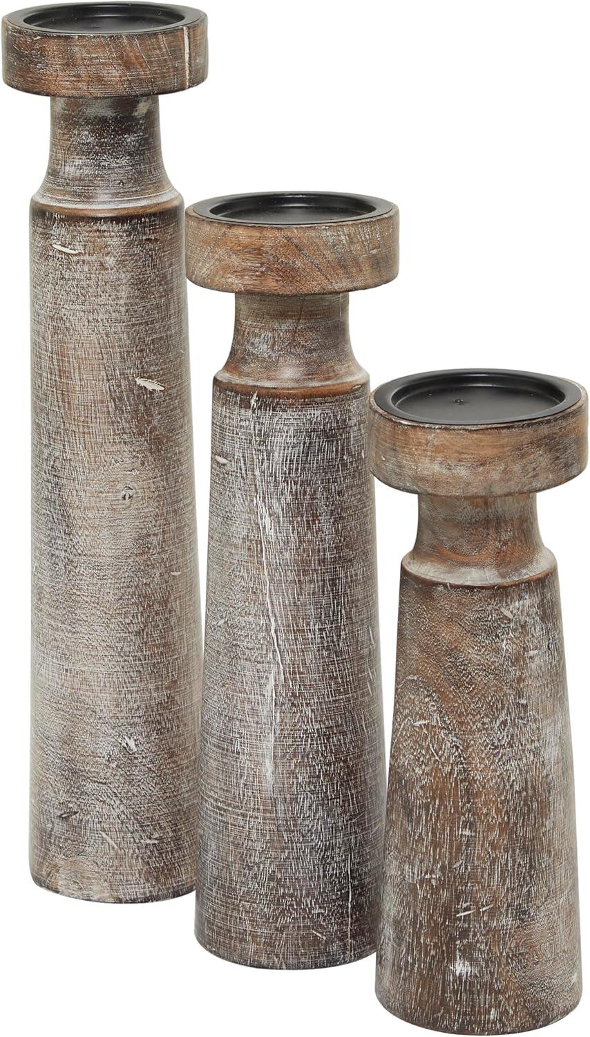 Olivia & May Set of 3 Rustic Cylindrical Mango Wood Candle Holders Brown: Modern Decor, Fits Pillar Candles