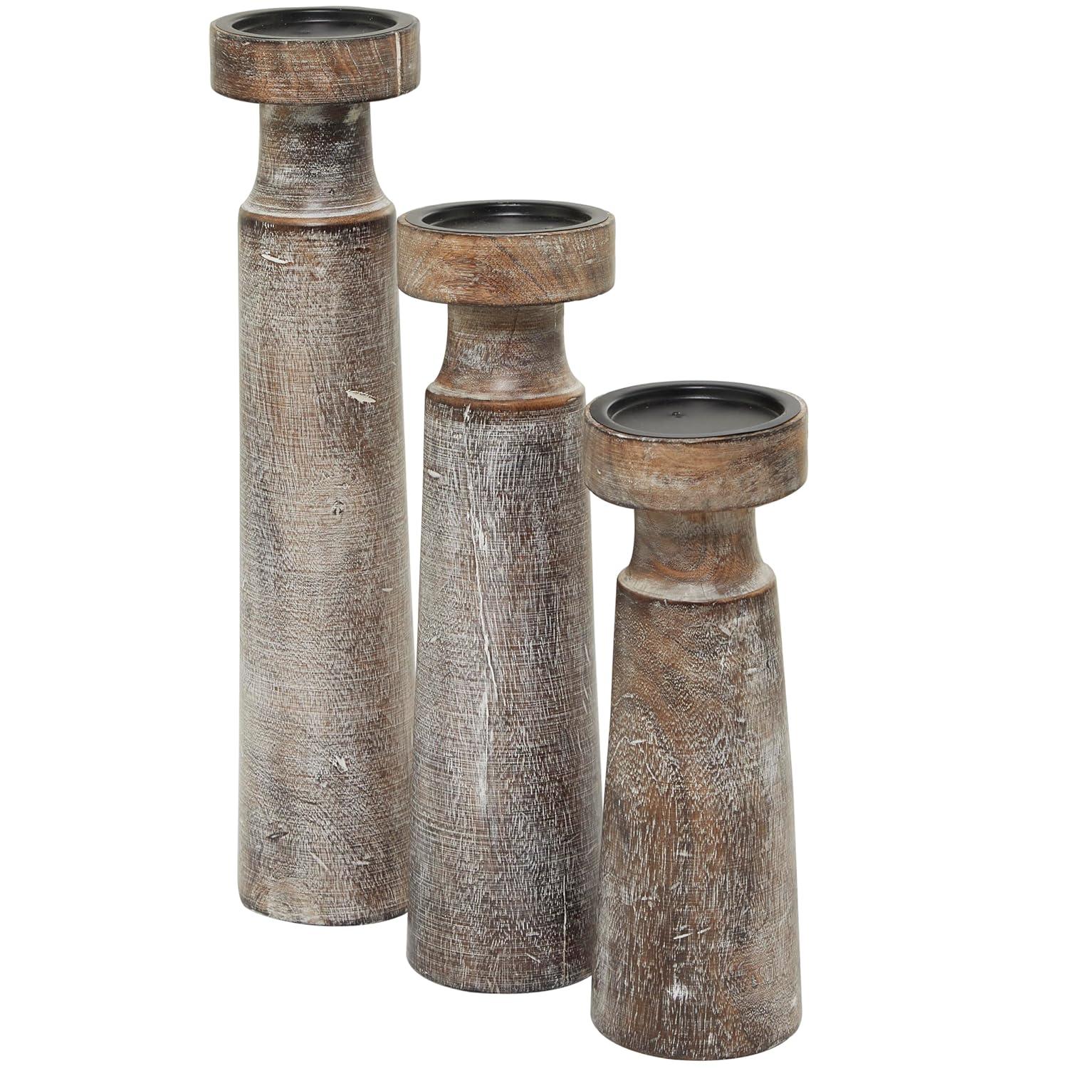 Olivia & May Set of 3 Rustic Cylindrical Mango Wood Candle Holders Brown: Modern Decor, Fits Pillar Candles