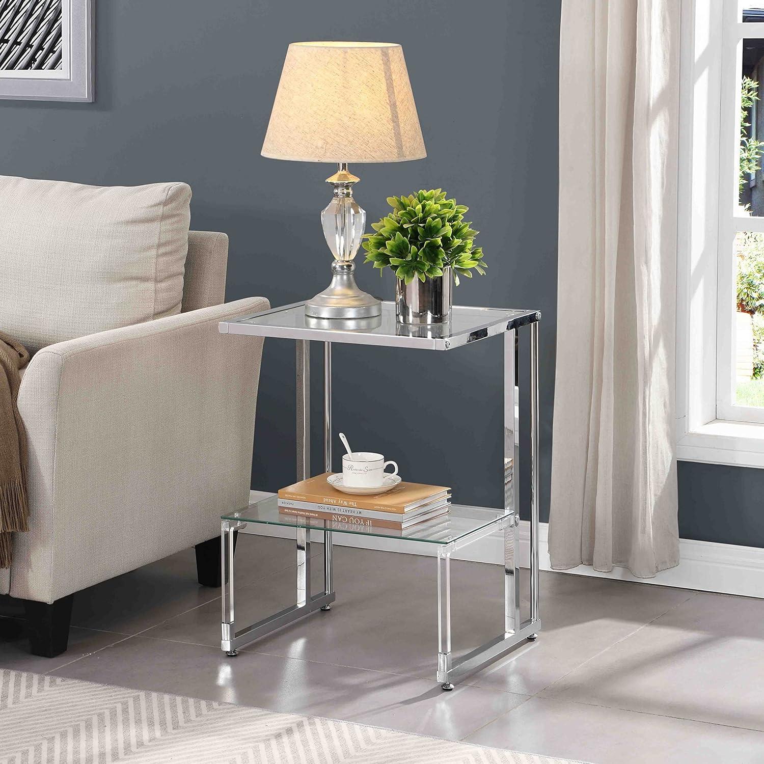 Silver Chrome and Glass 2-Tier Rectangular End Table