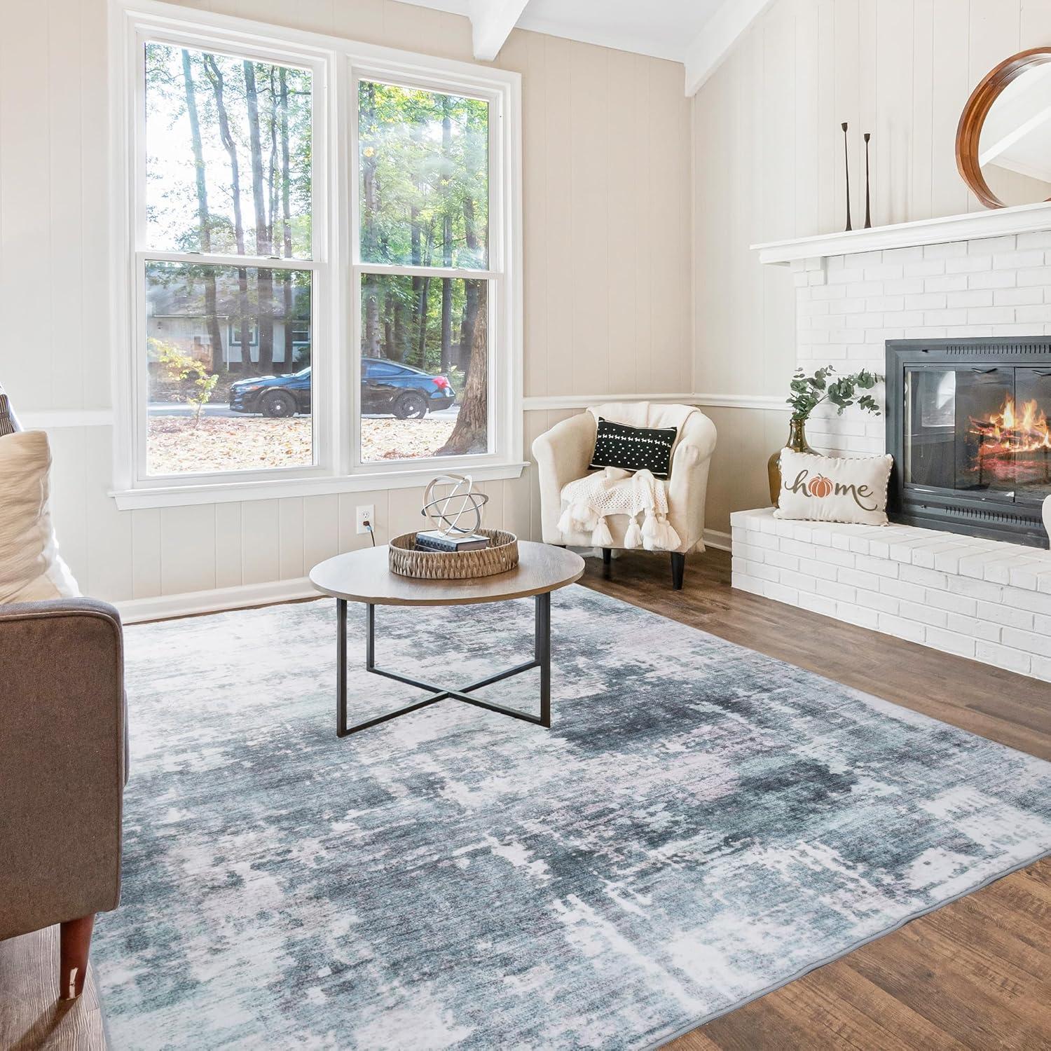 Garvee 8' x 10' Area Rug for Living Room Bedroom Boho Oriental Rug Distressed Soft Foldable Rug Non Slip Throw Carpet for Dining Room Home Office, Blue