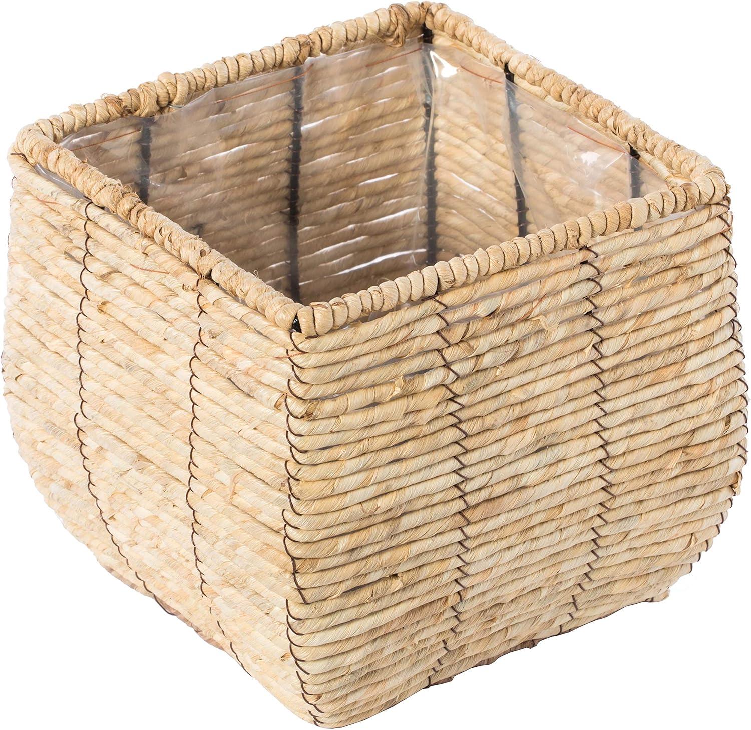 Rustic Woven Square Medium Planter with Leak-Proof Lining
