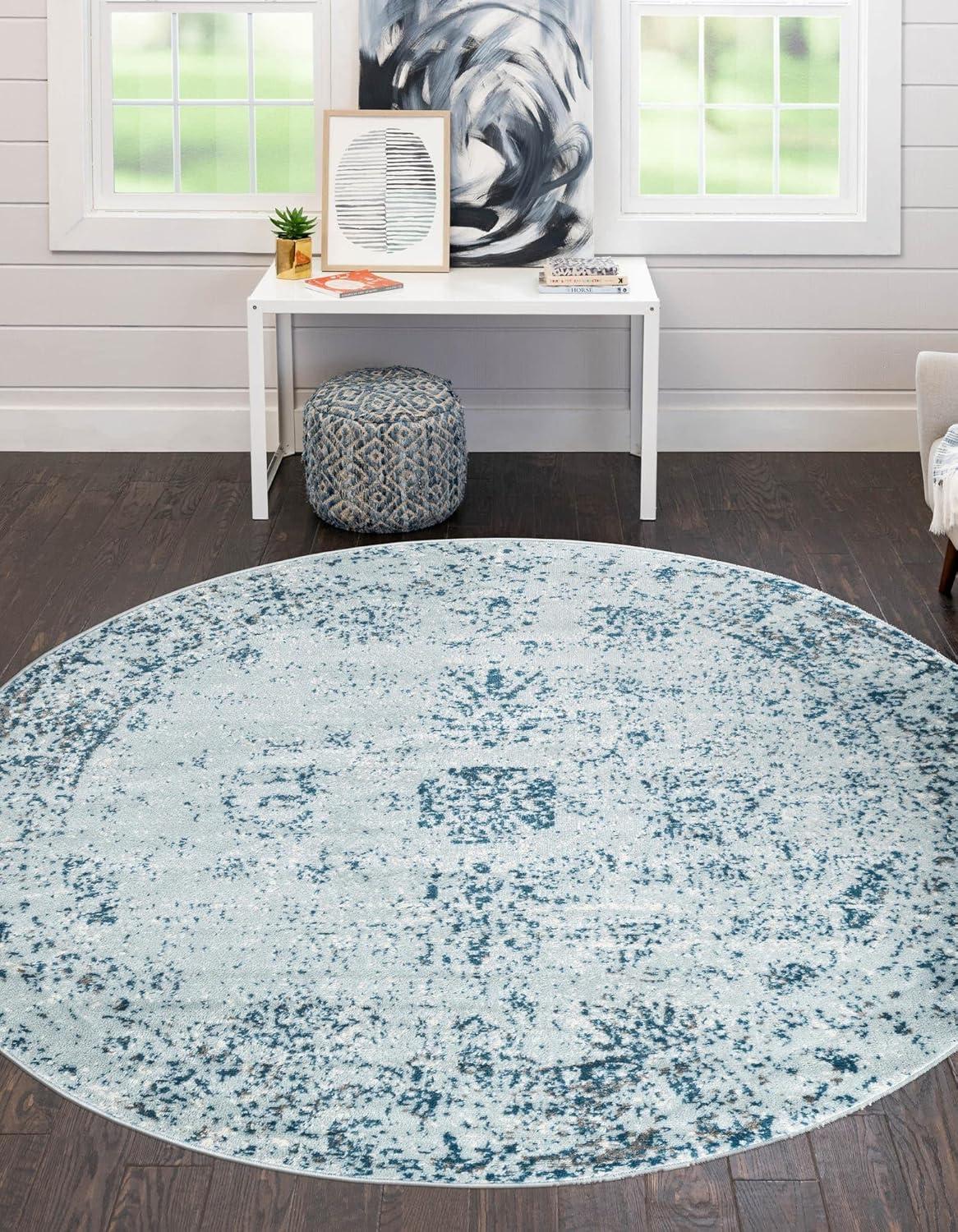 Sofia Light Blue and Ivory Round Floral Area Rug