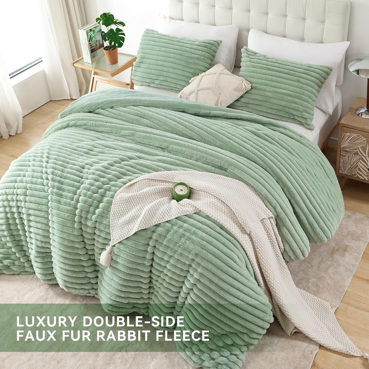 Smoofy Fluffy Twin Comforter Sets 2 Pieces - Sage Green Fleece Fluffy Comforter Set, Luxury Fuzzy Twin Bedding Set, Soft Twin Size Comforter All Season, Heavy Faux Fur Comforter with Pillow Cases