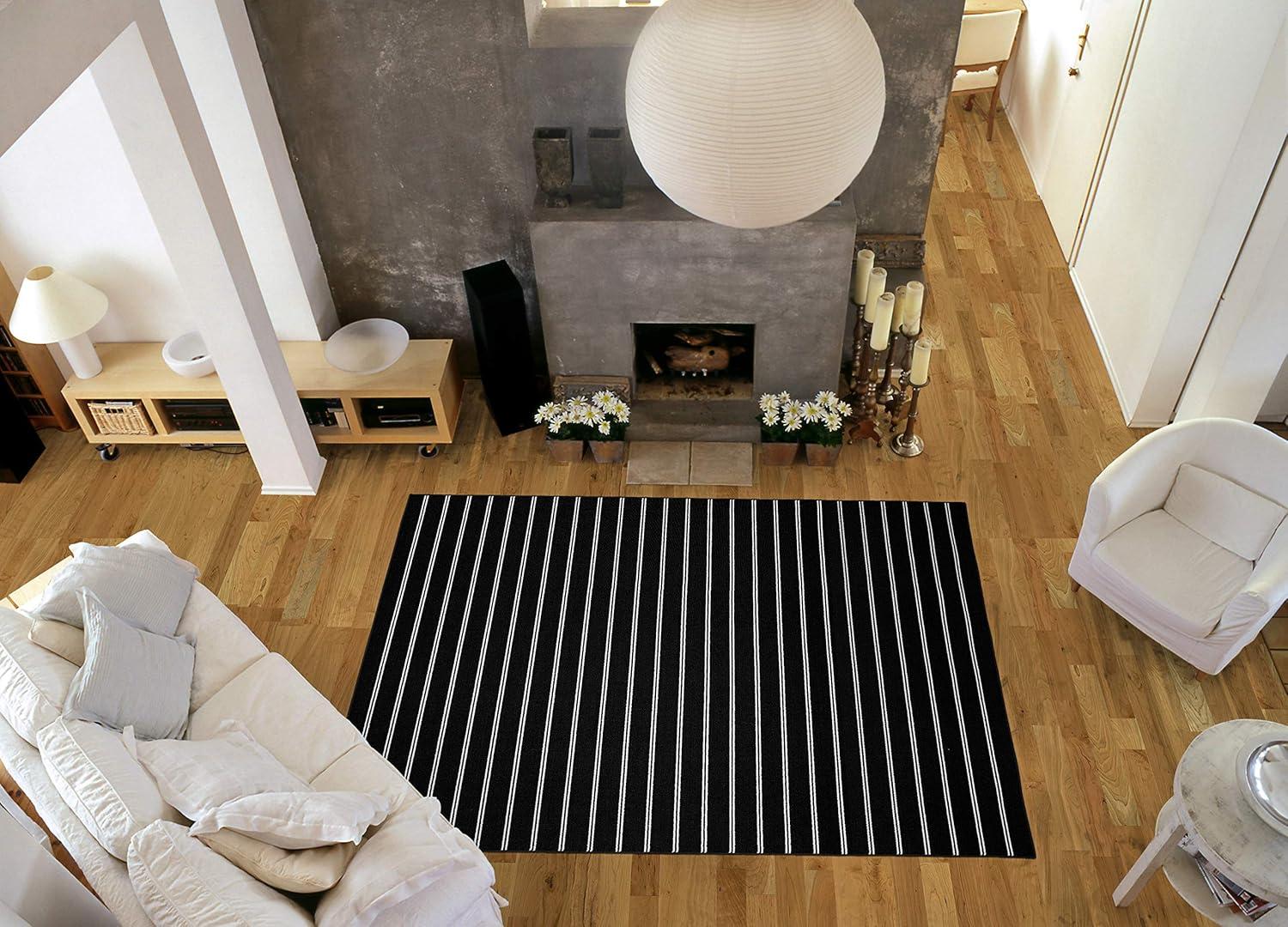 Luxurious Black Stripe Tufted 9' x 12' Synthetic Area Rug