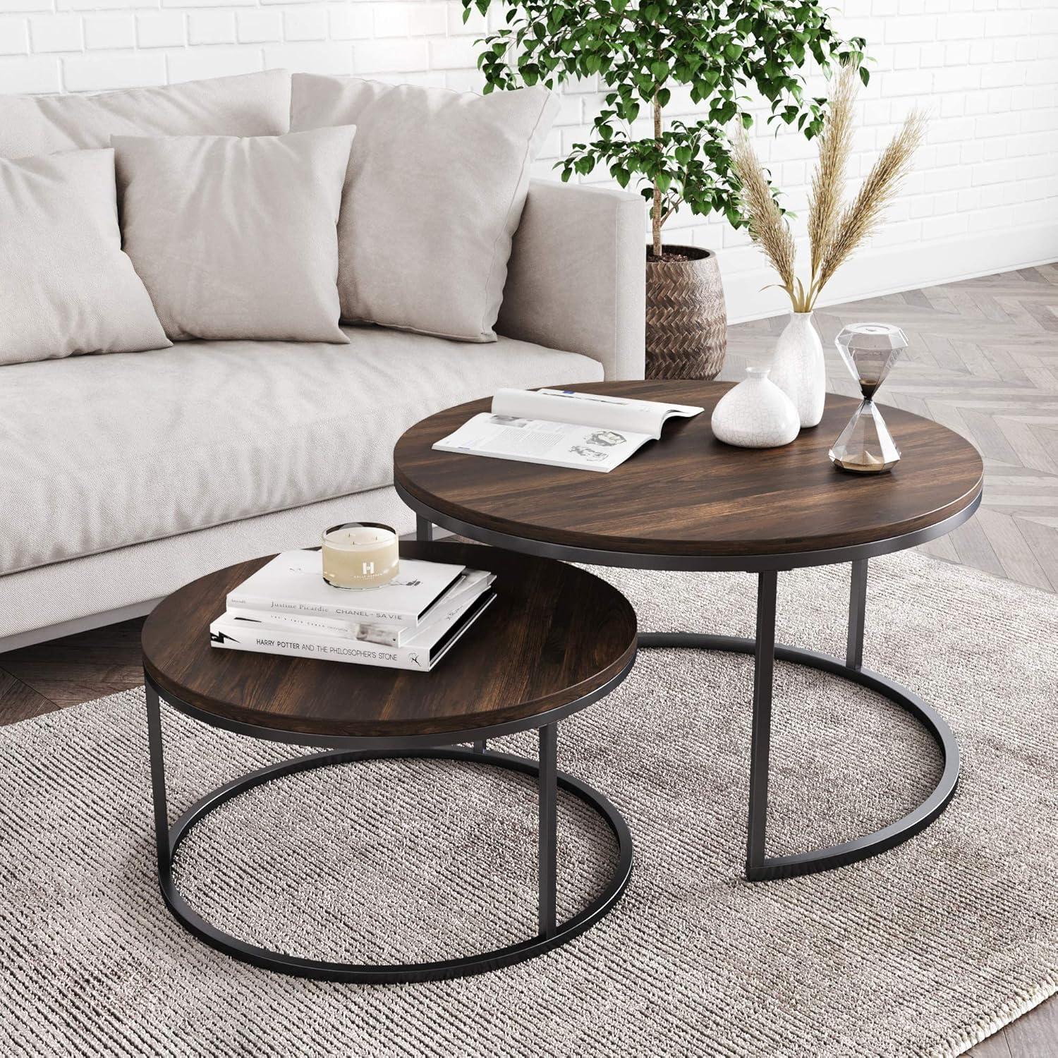 James Stella Round Modern Nesting Coffee Set of 2  Stacking Living Room Accent Tables with an Industrial Wood Finish and Powder Coated Metal Frame  Warm Nutmeg/Matte Black