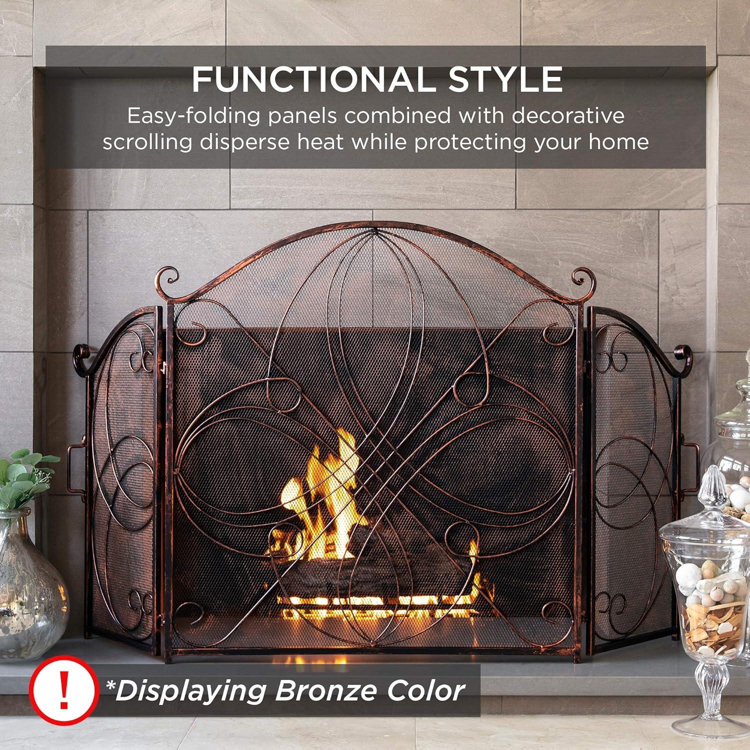 Winston Porter Lissowski 3-Panel 55"x33" Wrought Iron Fireplace Safety Screen Decorative Scroll Spark Guard Cover