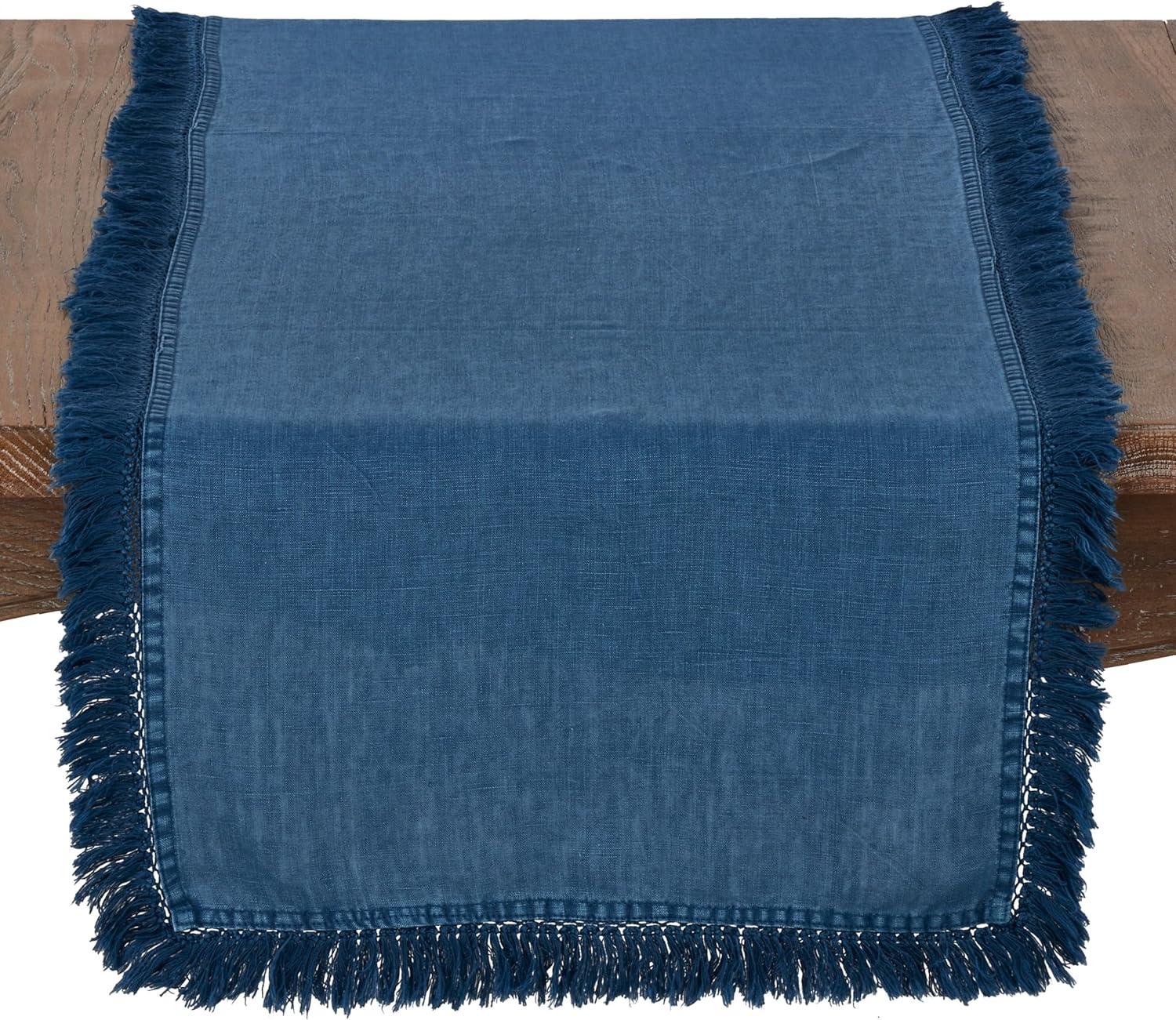 72"x16" Linen Stonewashed Fringe Table Runner Navy - Saro Lifestyle: Elegant Non-Woven Fabric, Machine Washable