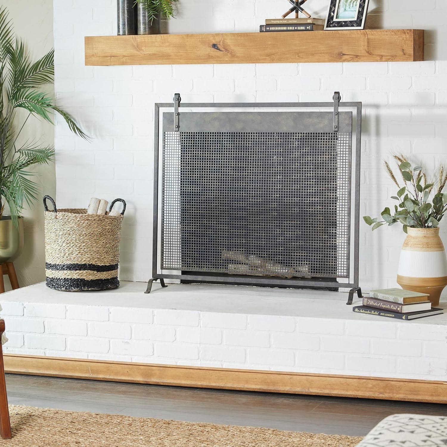 DecMode Contemporary Metal Mesh Fireplace Screen, 38"L x 9"W x 35"H, Black with Semi-Matte Finish