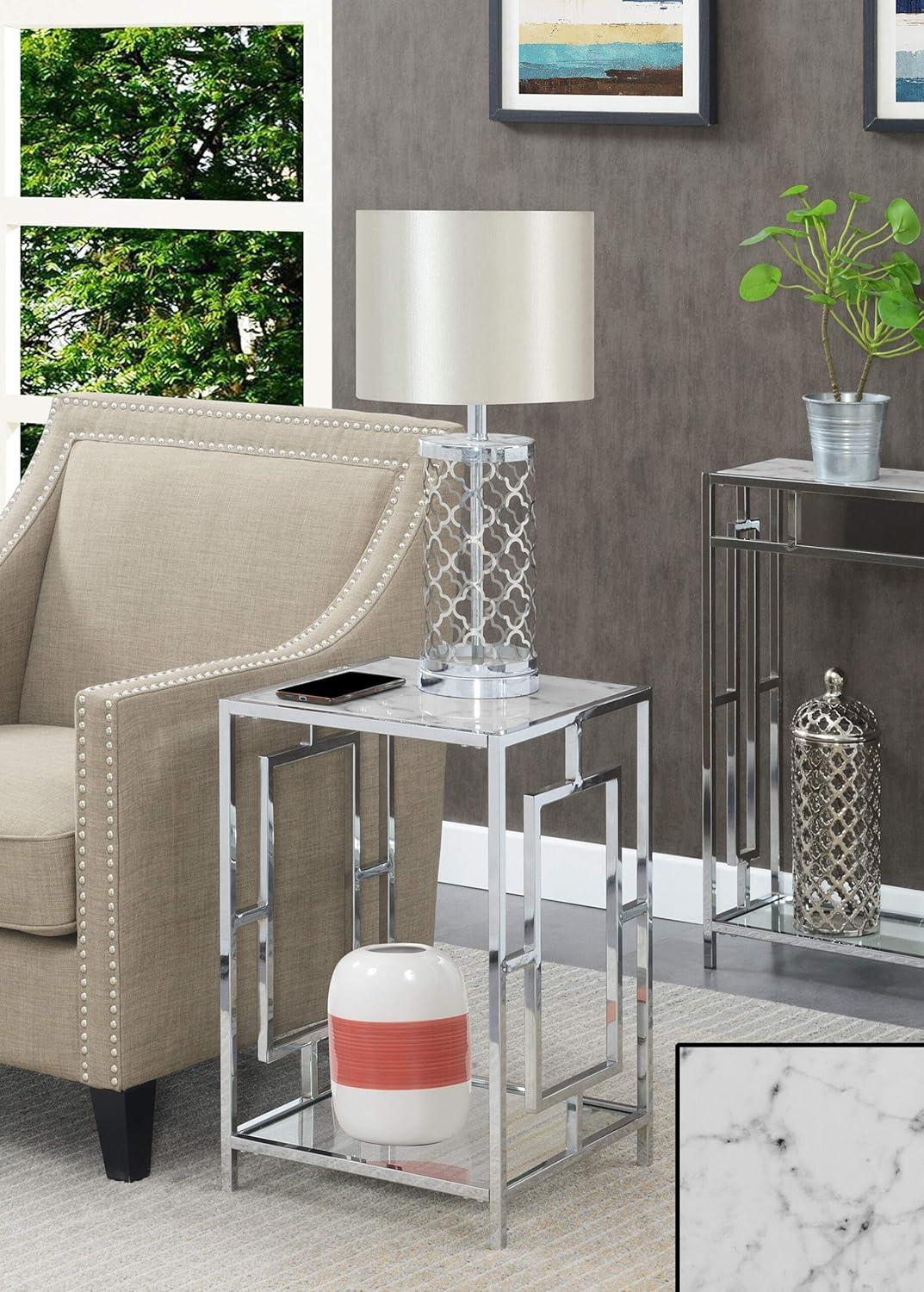 Convenience Concepts Town Square Chrome End Table, Faux White Marble/Chrome Frame