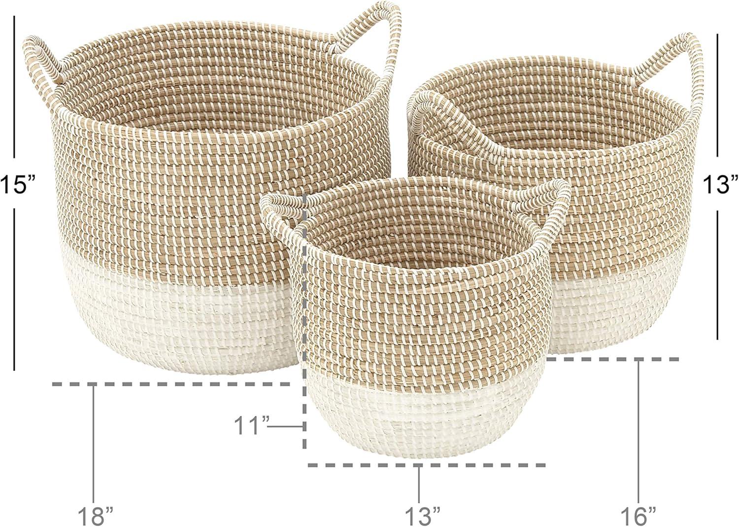 CosmoLiving by Cosmopolitan 13", 16", 18"W Brown Seagrass Handmade Two Toned Storage Basket with Handles, 3-Pieces