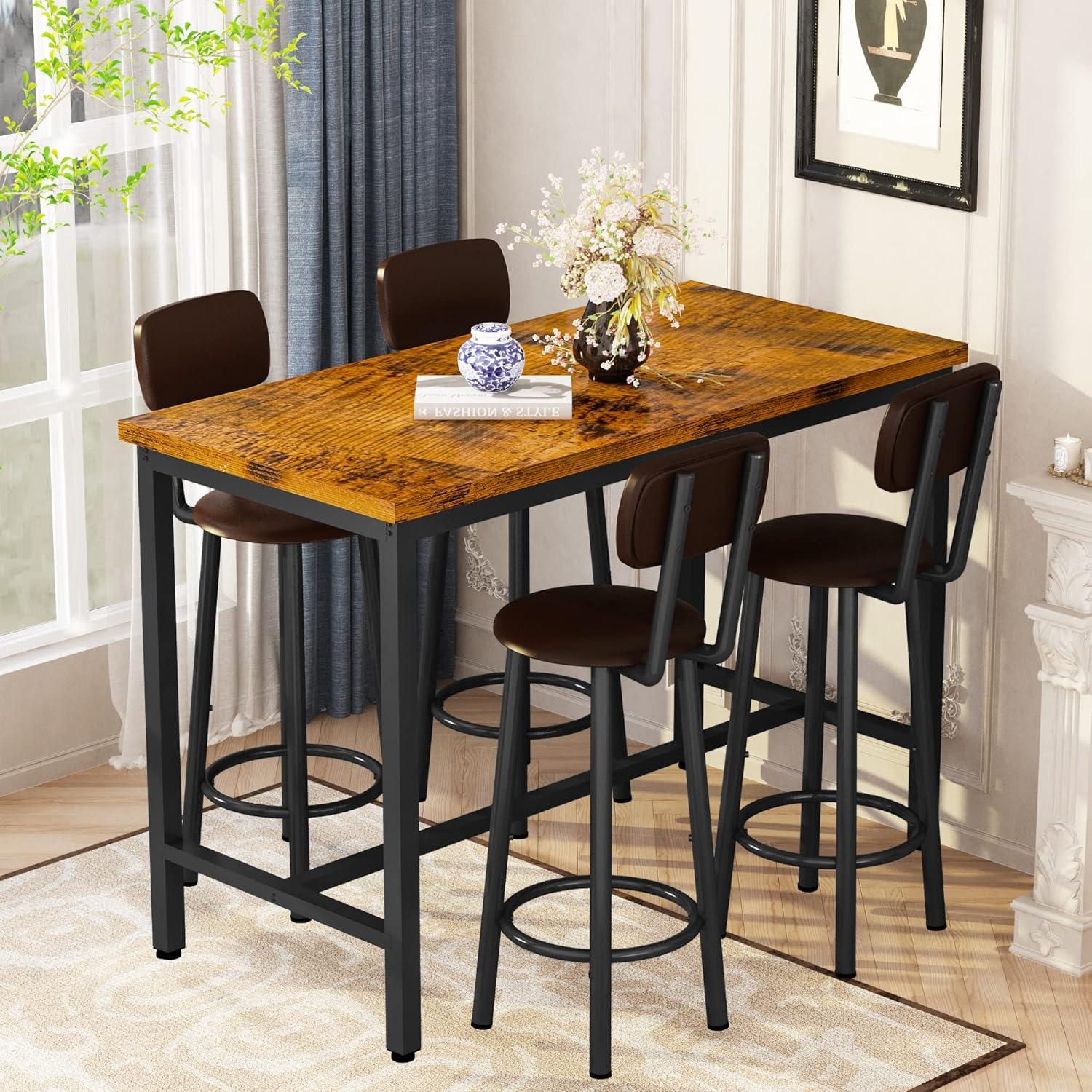 Rustic Brown Industrial Pub Table Set with 4 PU Upholstered Stools