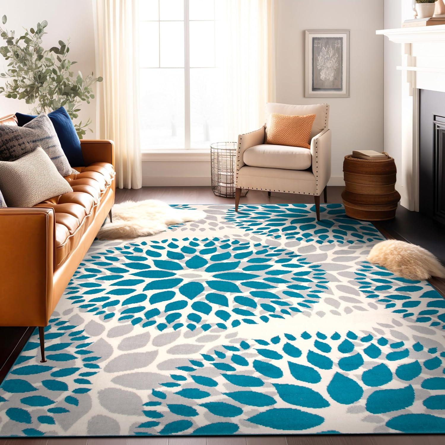 World Rug Gallery Modern Floral Circles Blue 7'6" x 9'5" Area Rug