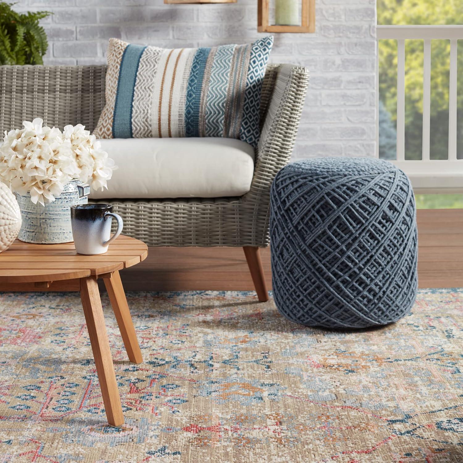 Tan and Blue Synthetic 8' x 10' Rectangular Area Rug