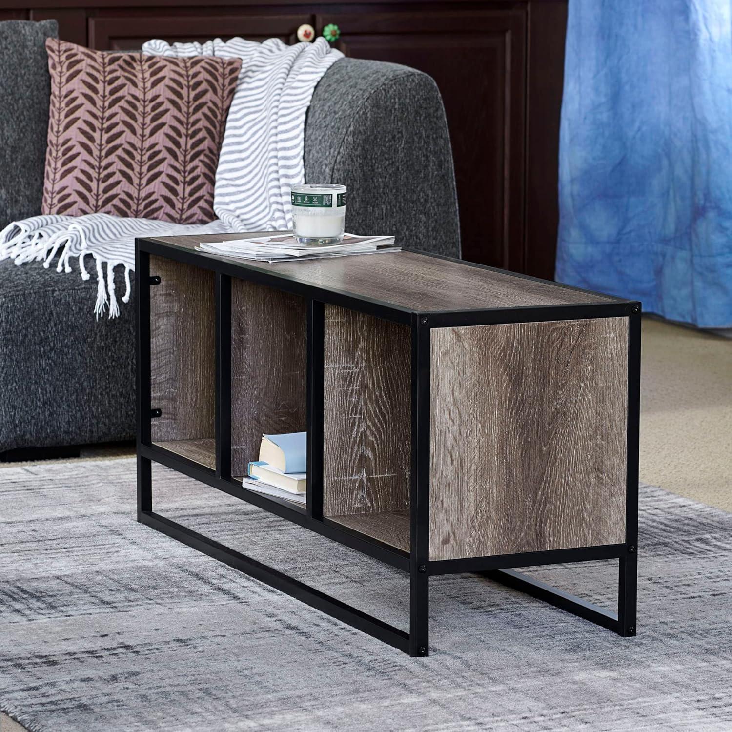 Household Essentials Jamestown TV Stand Coffee Table with Square Cube Storage Compartments Ashwood Rustic Wood Grain and Black Metal