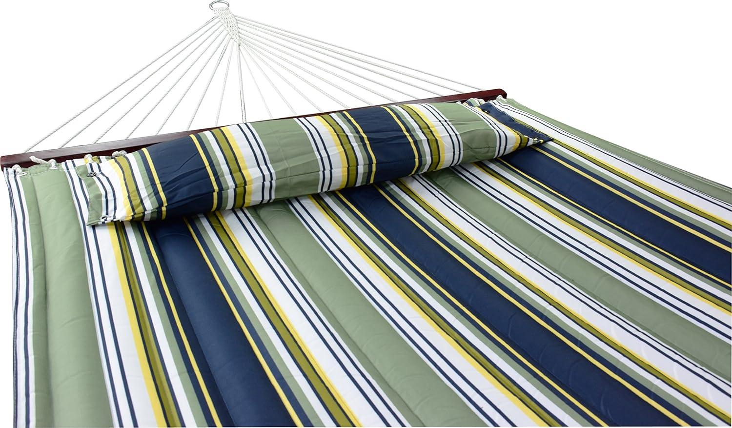 Blue and Green Striped Cotton Hammock with Stand and Pillow