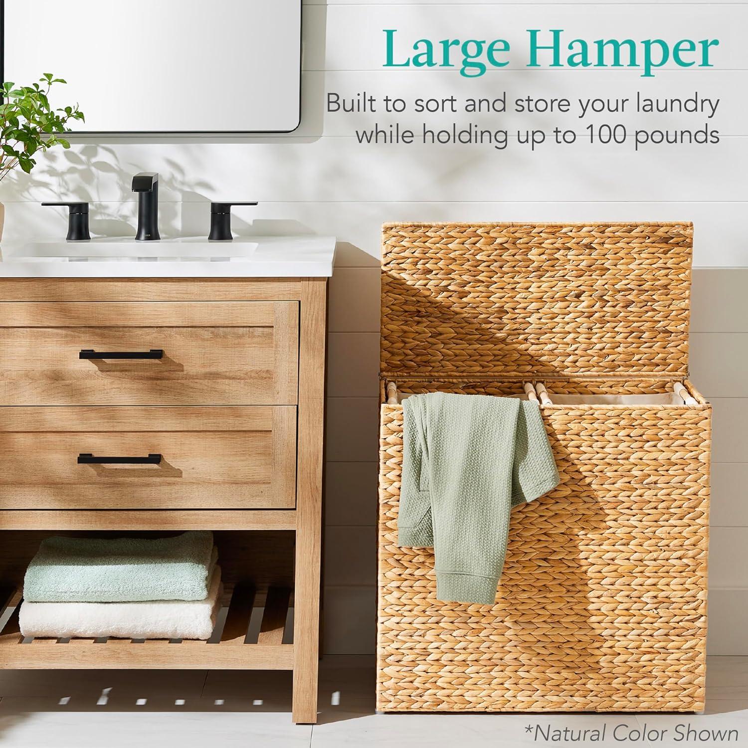 Bayou Breeze Large Water Hyacinth Double Laundry Hamper Basket w/ 2 Liner Bags, Handles