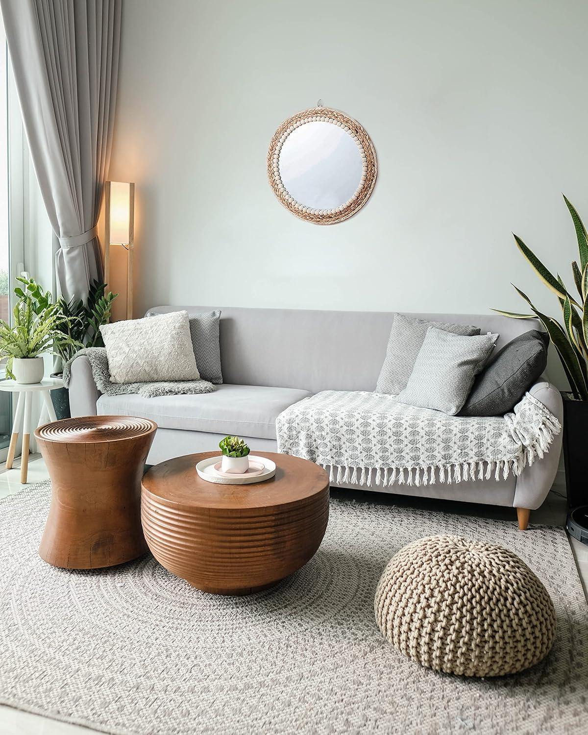 Poeme Boho Wall Mounted Round Mirror - 15 Inch Circle Rattan Decorative Hanging Mirror for Bedroom, Living Room & Bathroom