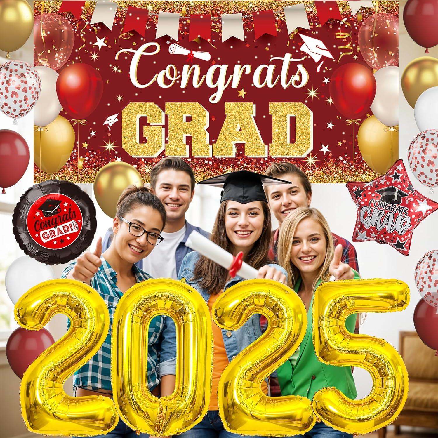 Graduation Party Decorations Class of 2025 Graduation Party Supplies Congrats Grad Banner Class of 2025 Backdrop, Paper Pompoms, Balloons for Congrats Grad Party Decorations (Burgundy-Gold)